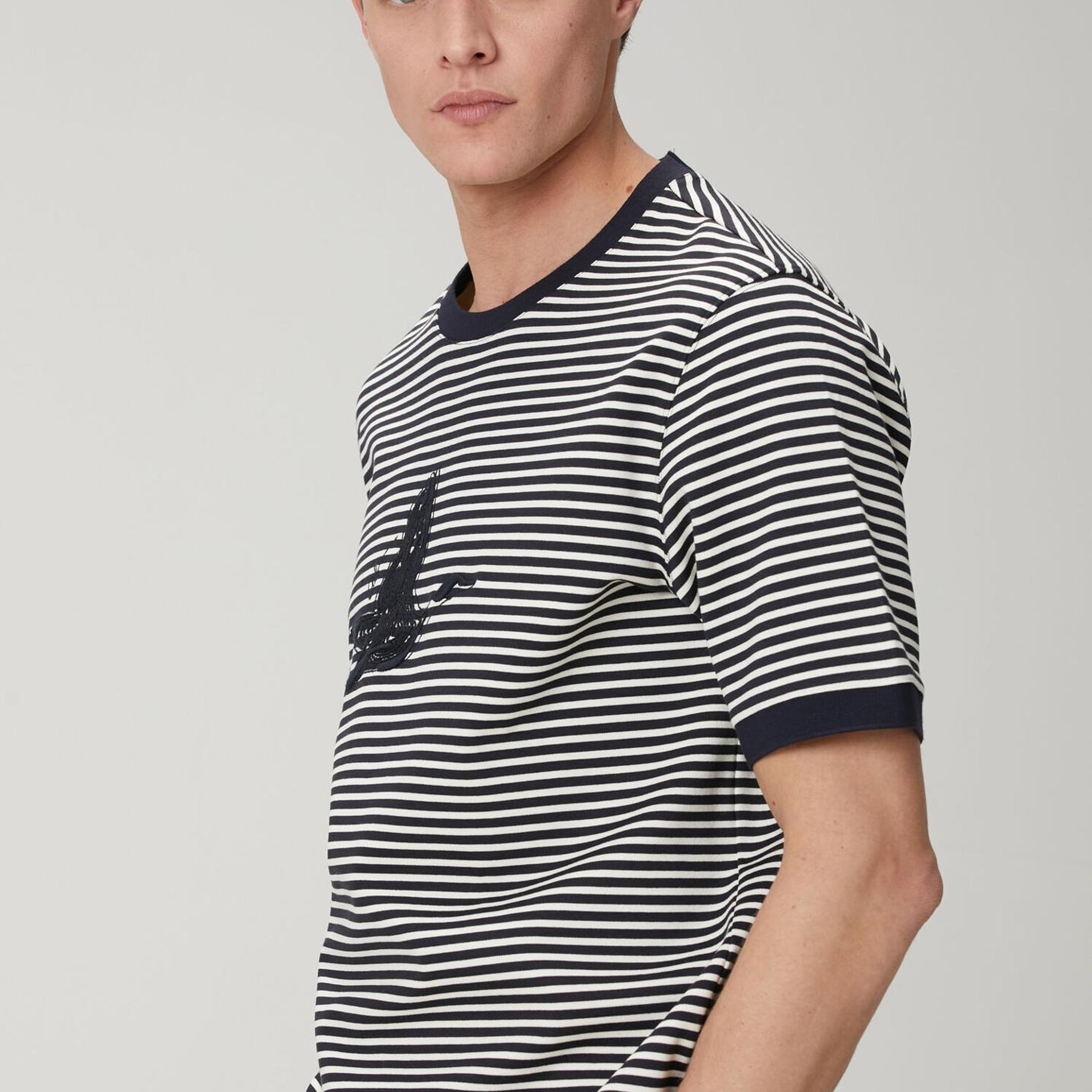 Beymen Club Erkek Lacivert Beyaz Relax Fit Logolu Çizgili T-shirt