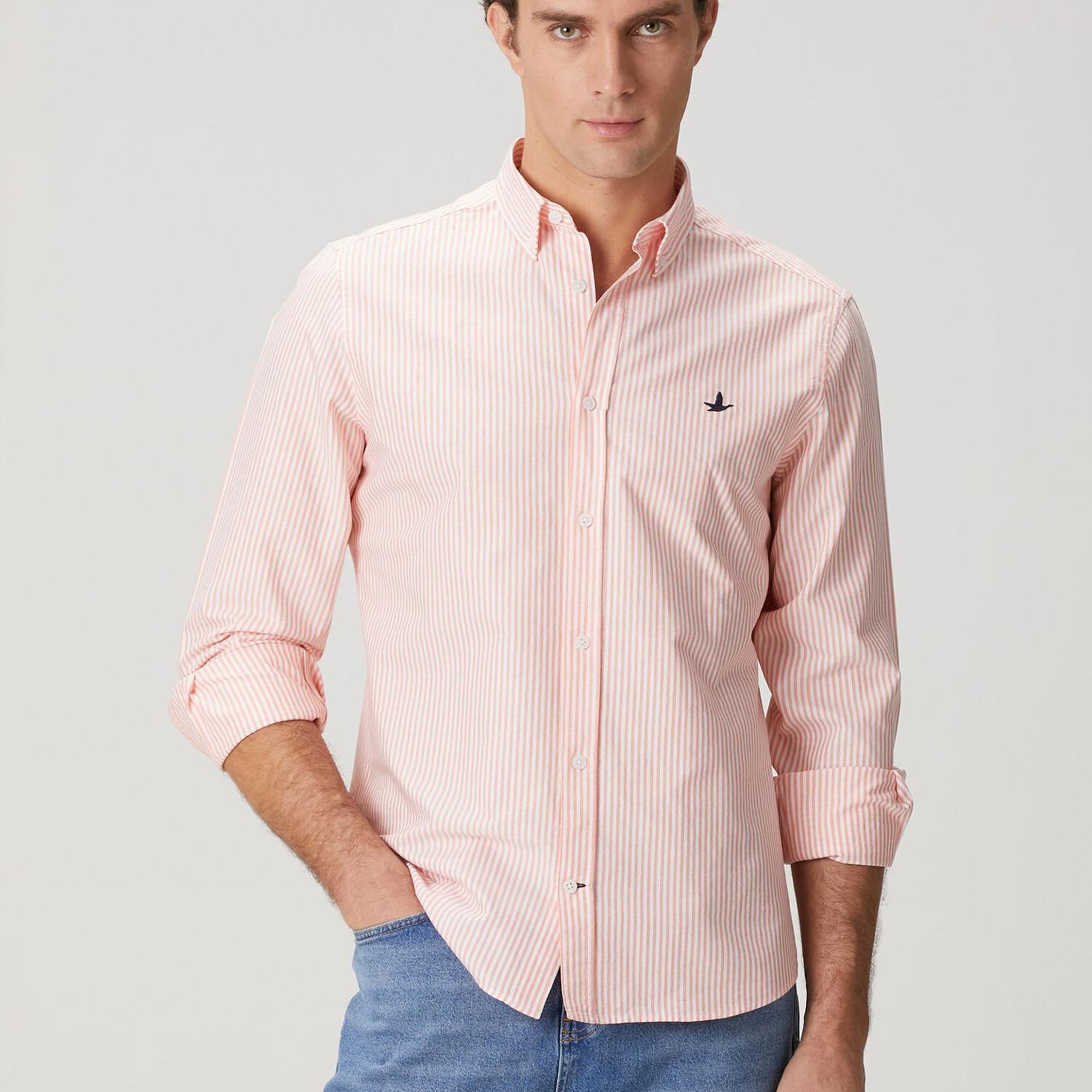 Beymen Club Erkek Turuncu Beyaz Comfort Fit Çizgili Oxford Gömlek