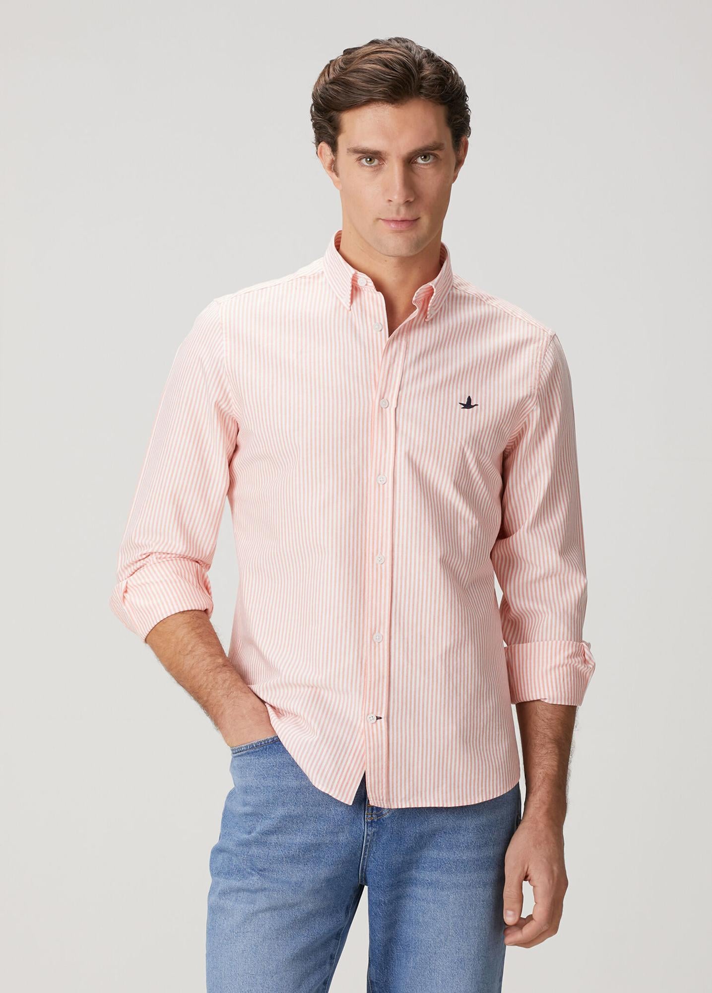 Beymen Club Erkek Turuncu Beyaz Comfort Fit Çizgili Oxford Gömlek