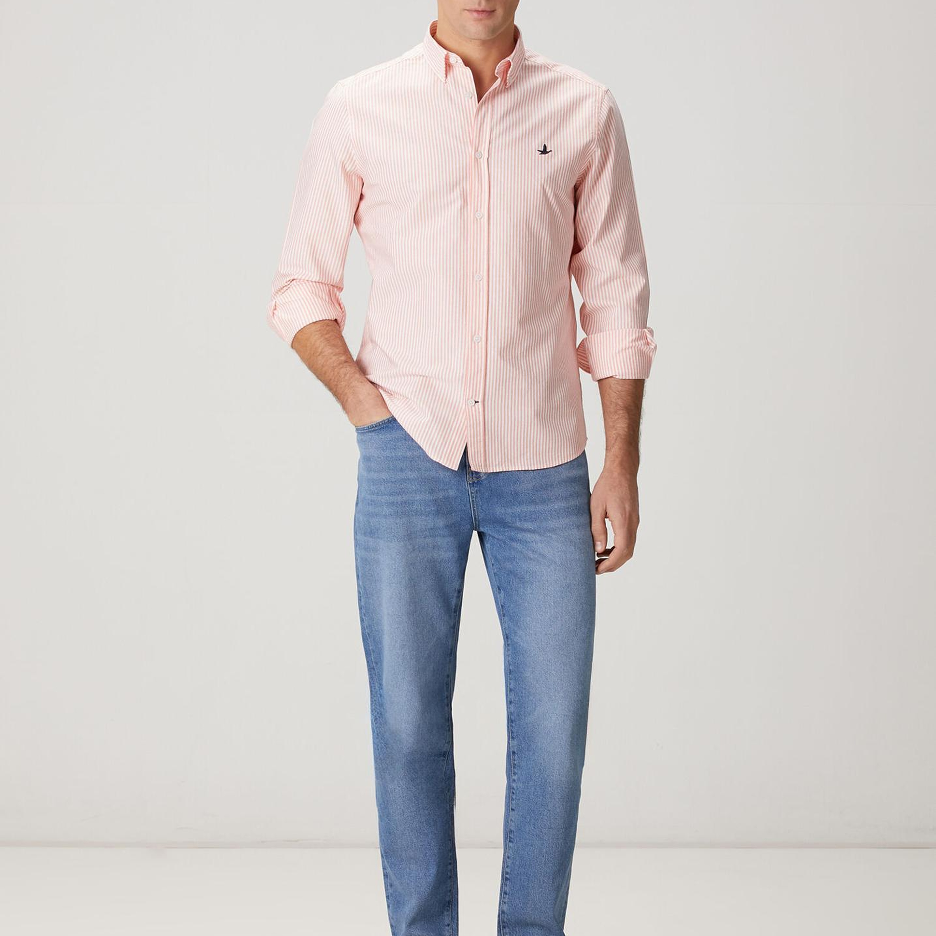 Beymen Club Erkek Turuncu Beyaz Comfort Fit Çizgili Oxford Gömlek