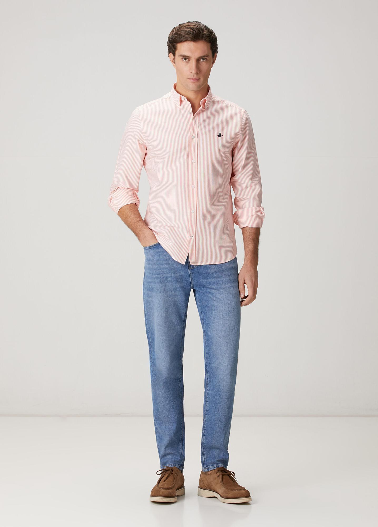 Beymen Club Erkek Turuncu Beyaz Comfort Fit Çizgili Oxford Gömlek