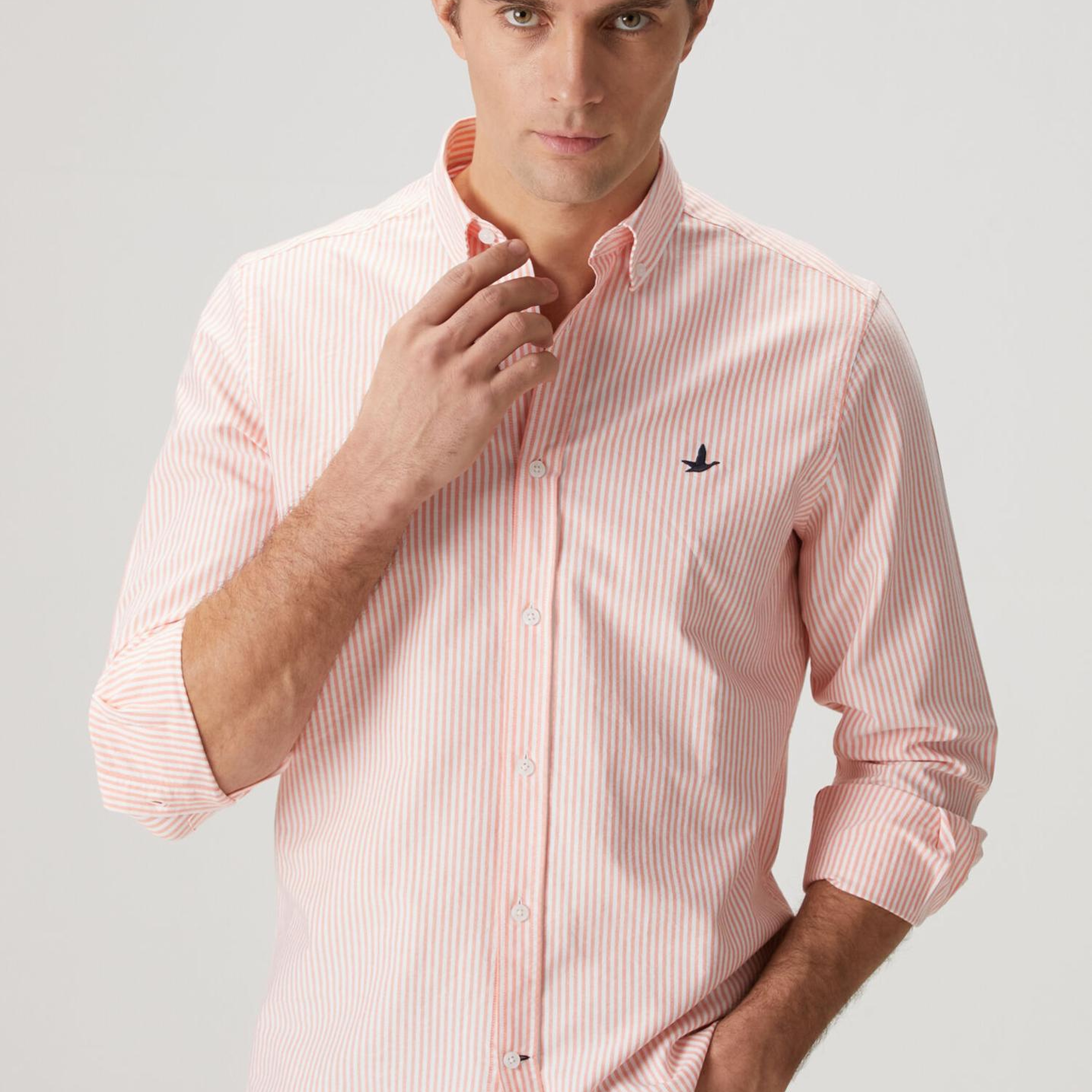 Beymen Club Erkek Turuncu Beyaz Comfort Fit Çizgili Oxford Gömlek