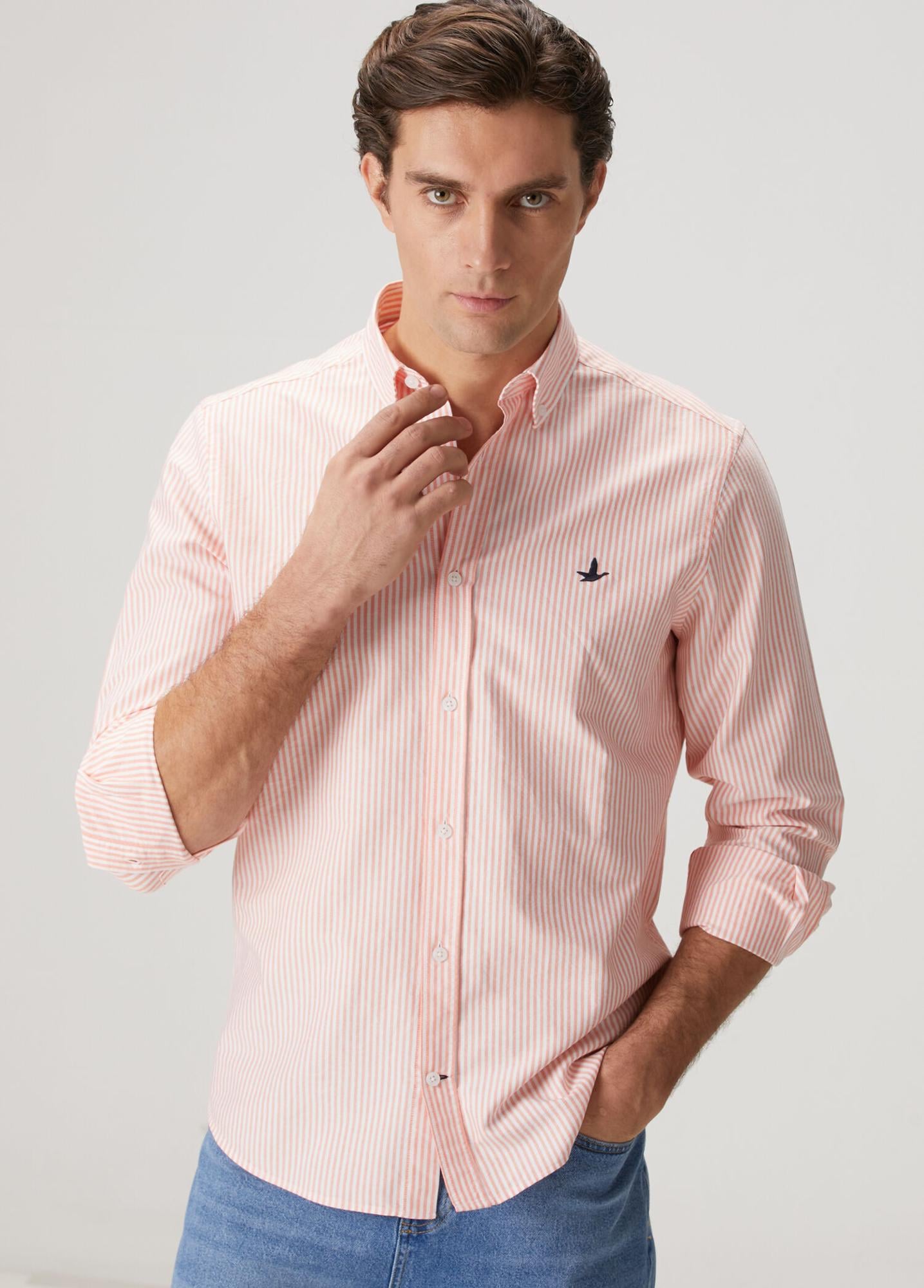 Beymen Club Erkek Turuncu Beyaz Comfort Fit Çizgili Oxford Gömlek