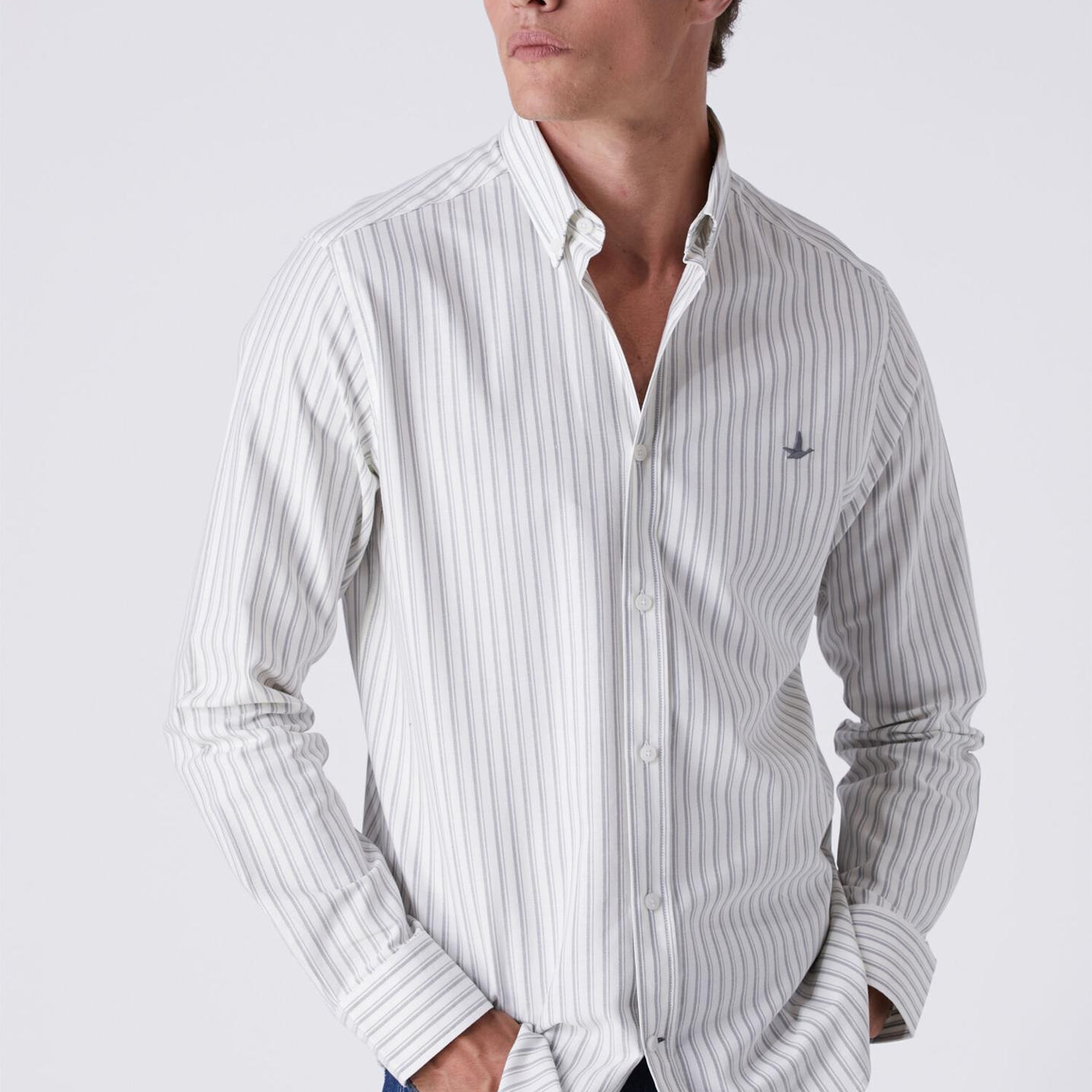 Beymen Club Erkek Beyaz Gri Comfort Fit Çizgili Oxford Gömlek