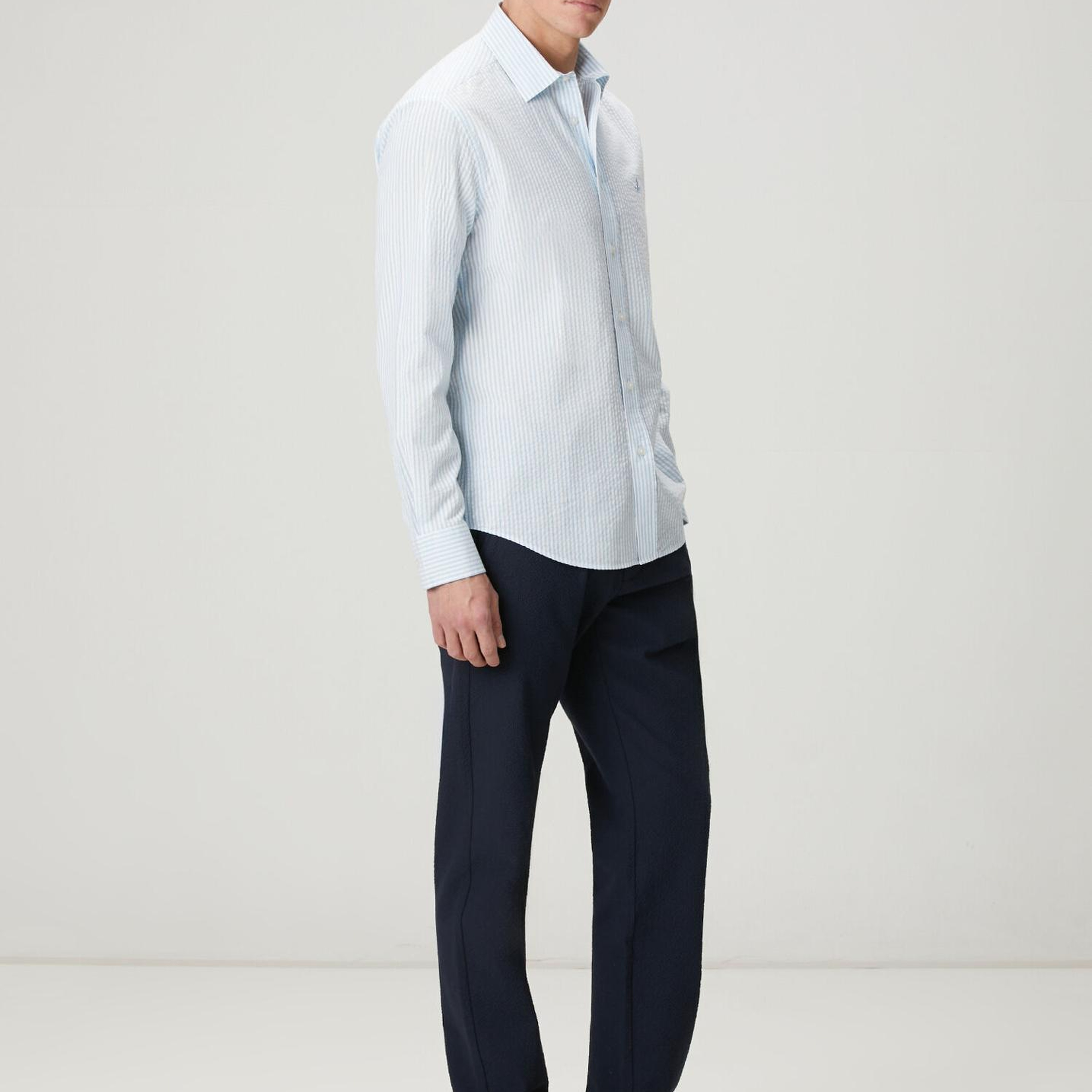 Beymen Club Erkek Mavi Çizgili Comfort Fit Gofre Dokulu Gömlek