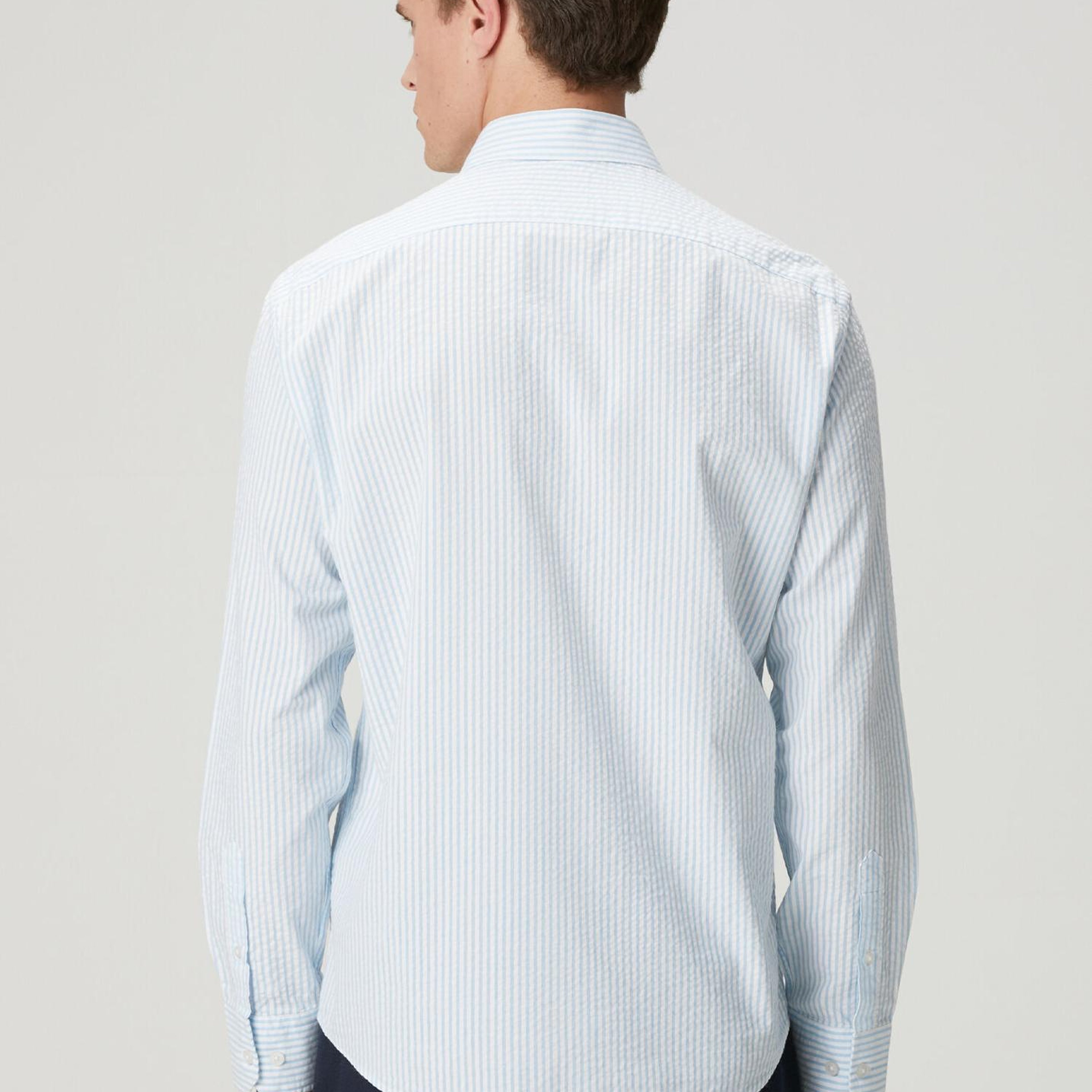Beymen Club Erkek Mavi Çizgili Comfort Fit Gofre Dokulu Gömlek