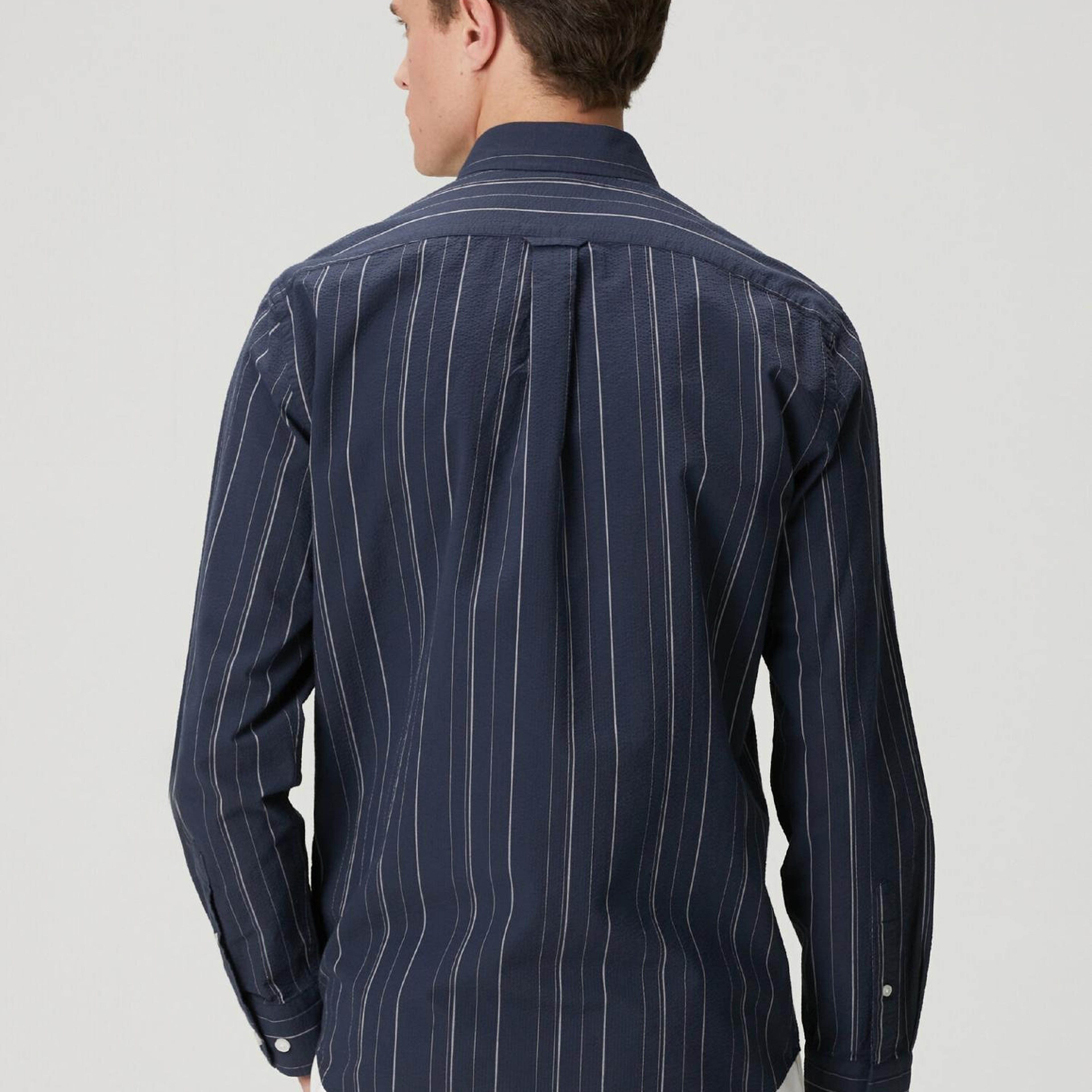 Beymen Club Erkek Lacivert Çizgili Comfort Fit Gofre Dokulu Gömlek
