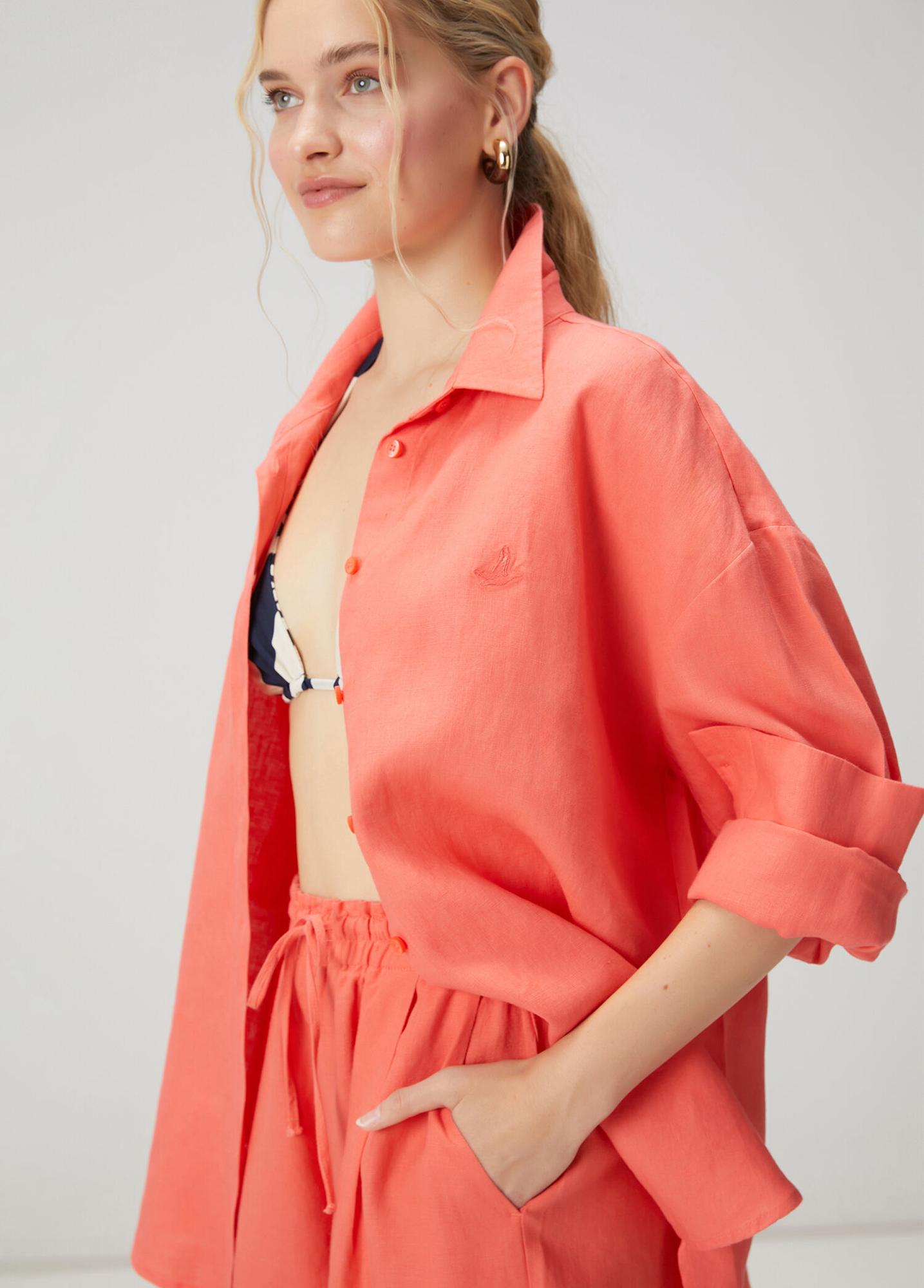 Beymen Club Kadın Oversize Somon Logolu Keten Gömlek