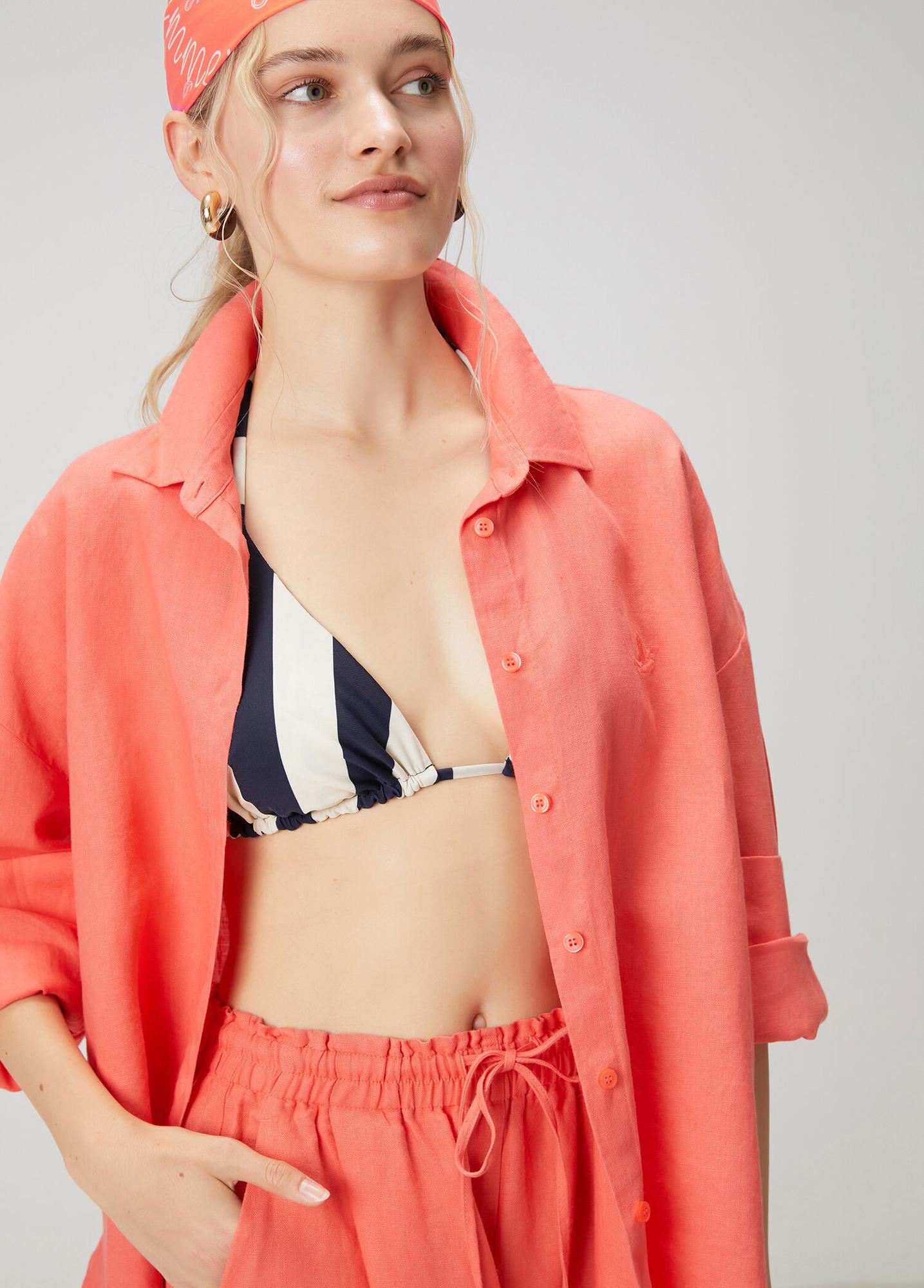 Beymen Club Kadın Oversize Somon Logolu Keten Gömlek