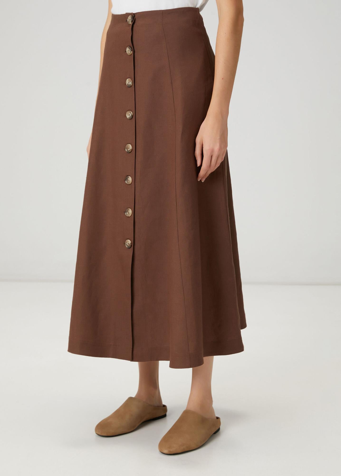 Beymen Club Kadın Kahverengi Düğmeli Midi Keten Etek