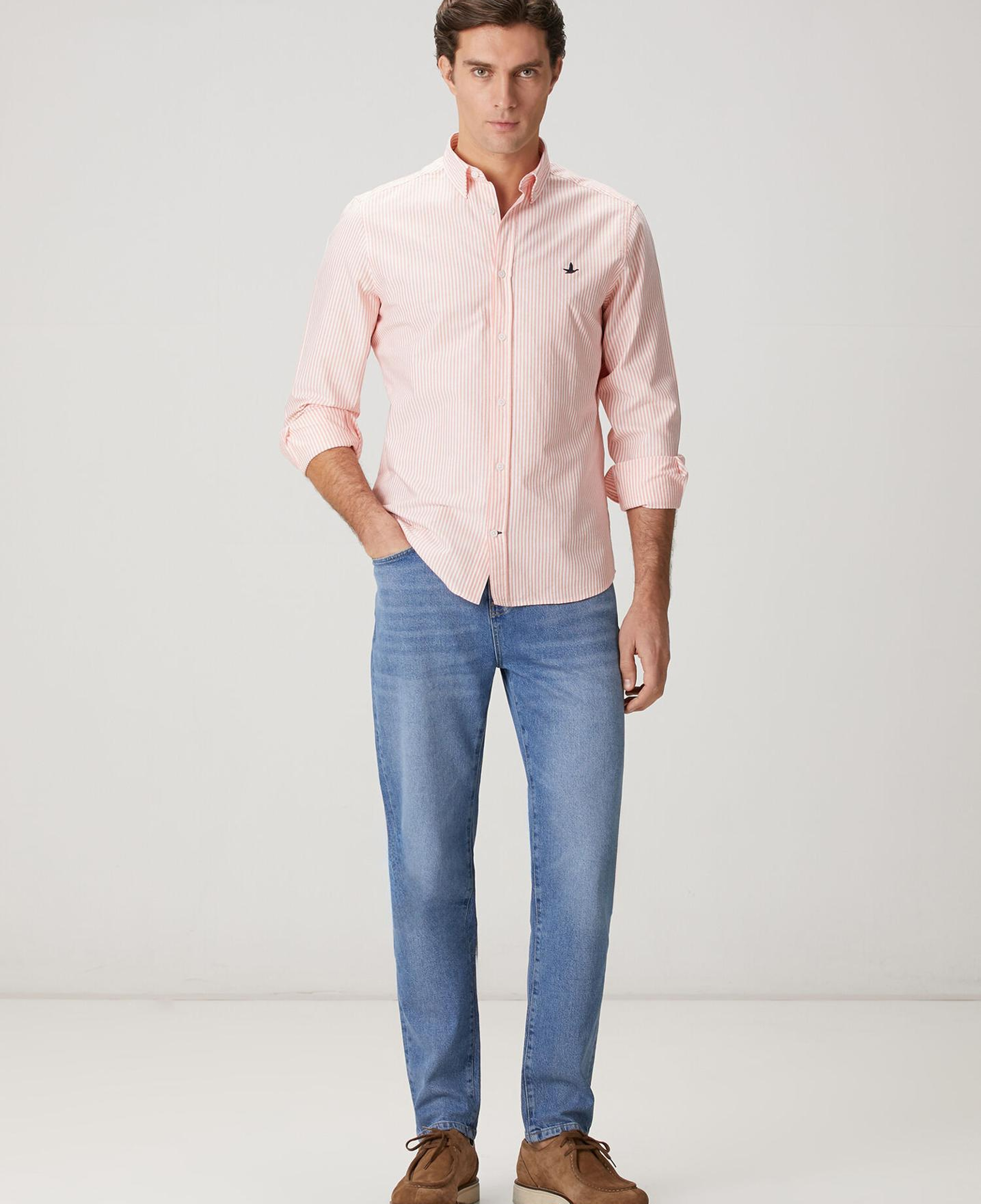 Beymen Club Erkek Turuncu Beyaz Comfort Fit Çizgili Oxford Gömlek