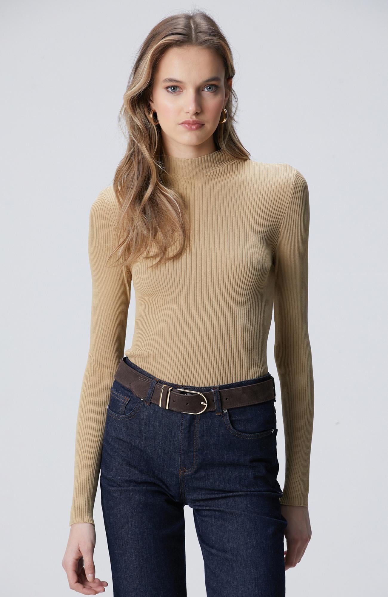 Network Kadın Camel İnce Ribana Örgü Rayon Basic Kazak