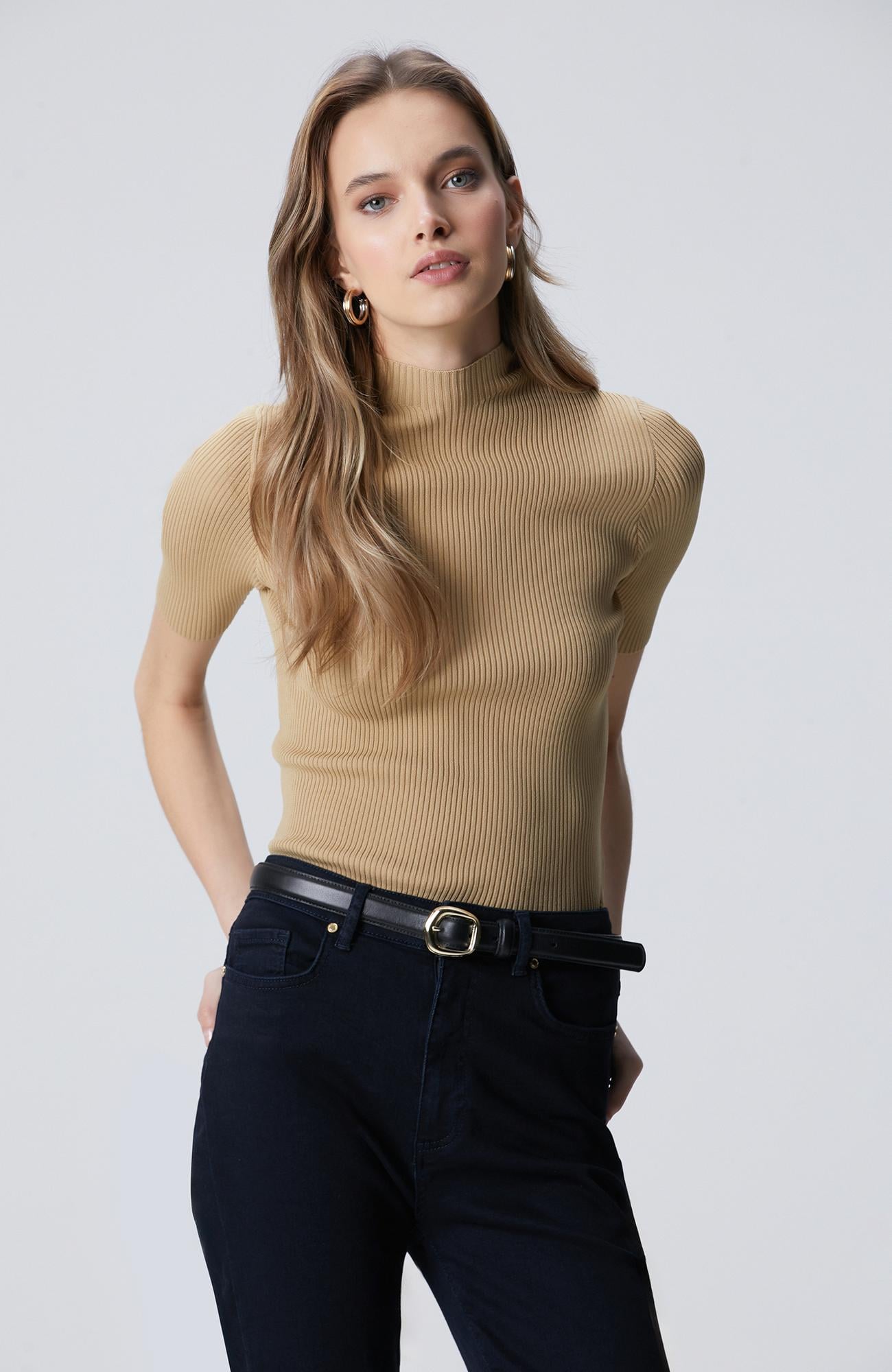 Network Kadın Camel Yarım Kol Rayon Basic Kazak