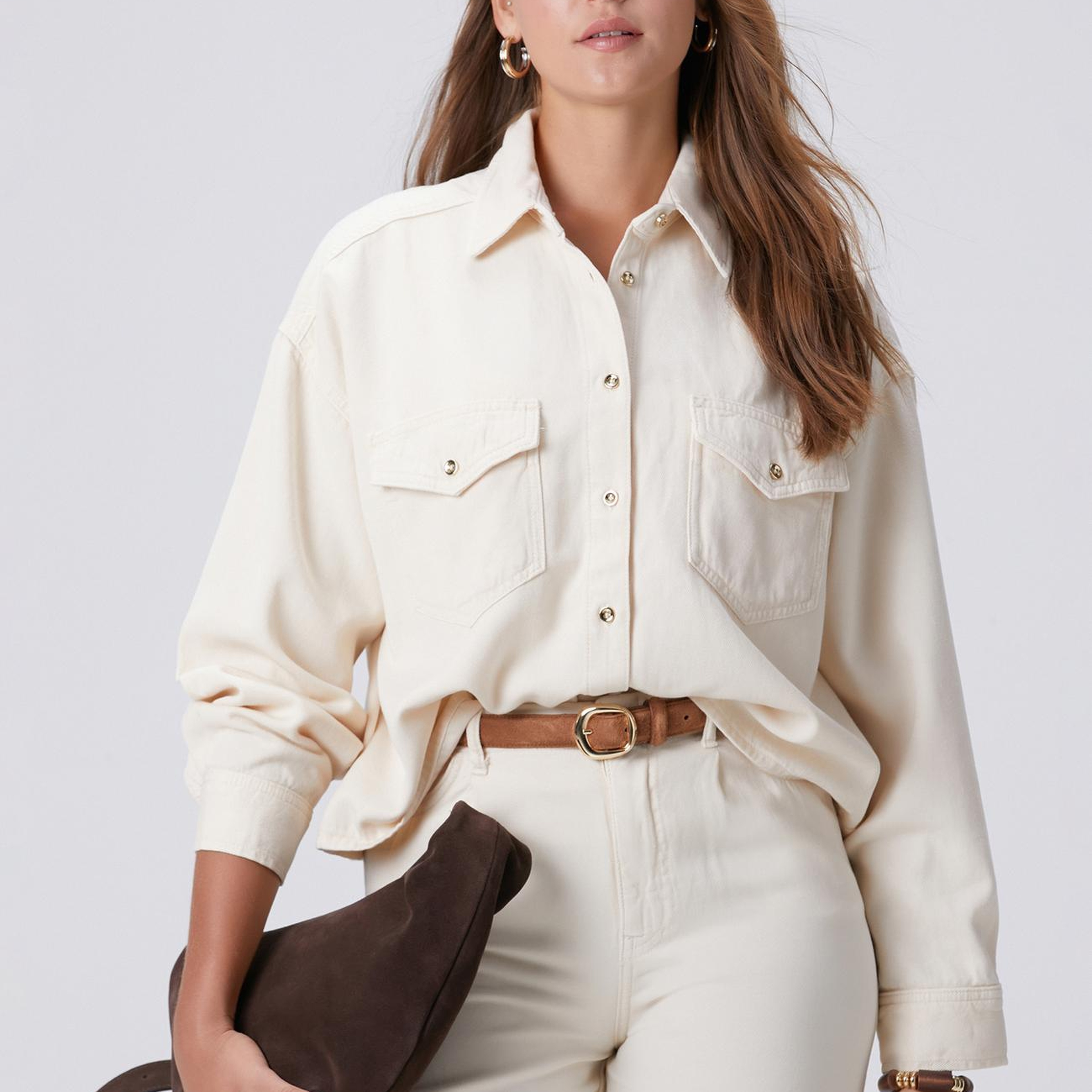Network Kadın Kırık Beyaz Tencel Karışımlı Denim Gömlek