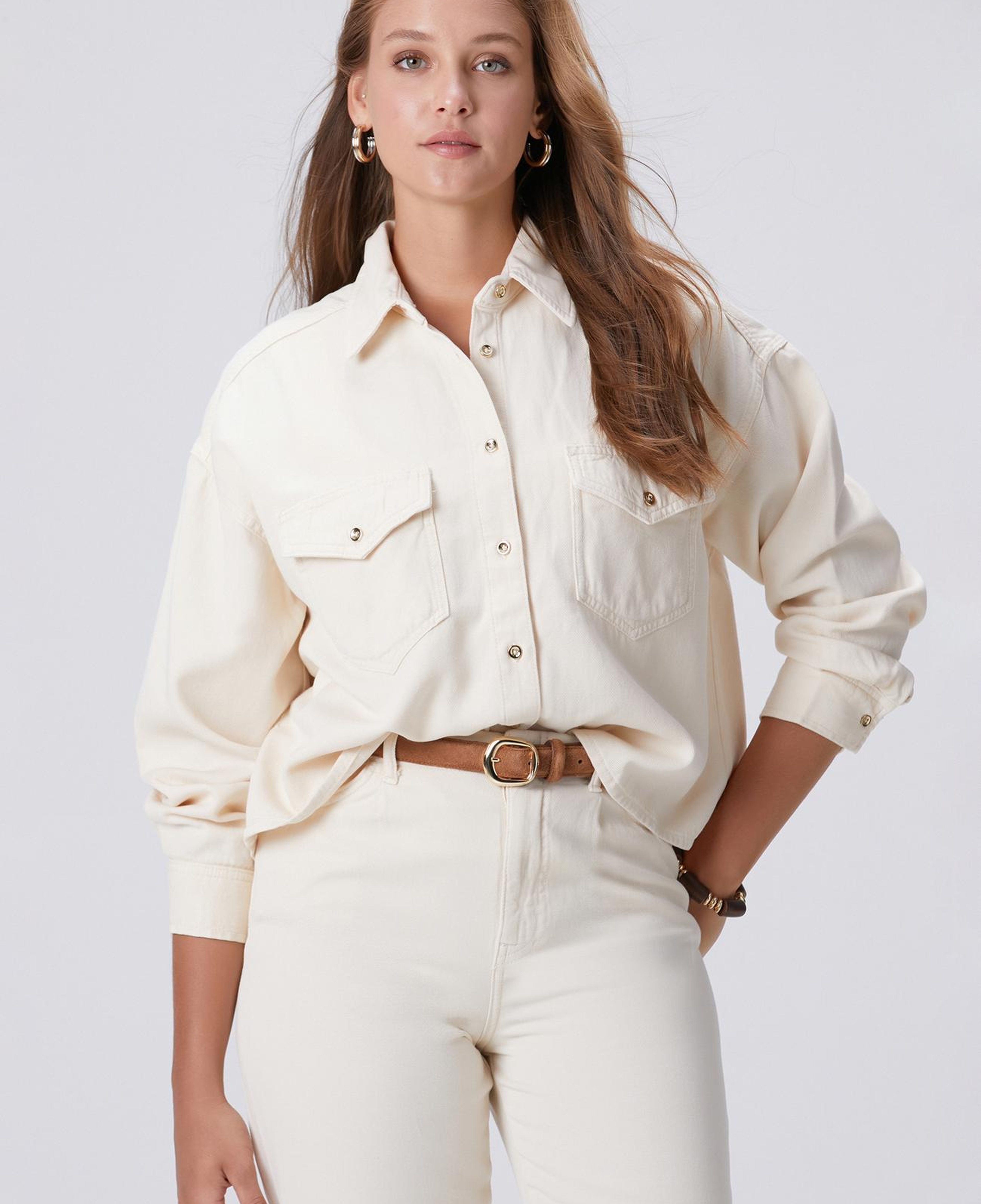 Network Kadın Kırık Beyaz Tencel Karışımlı Denim Gömlek