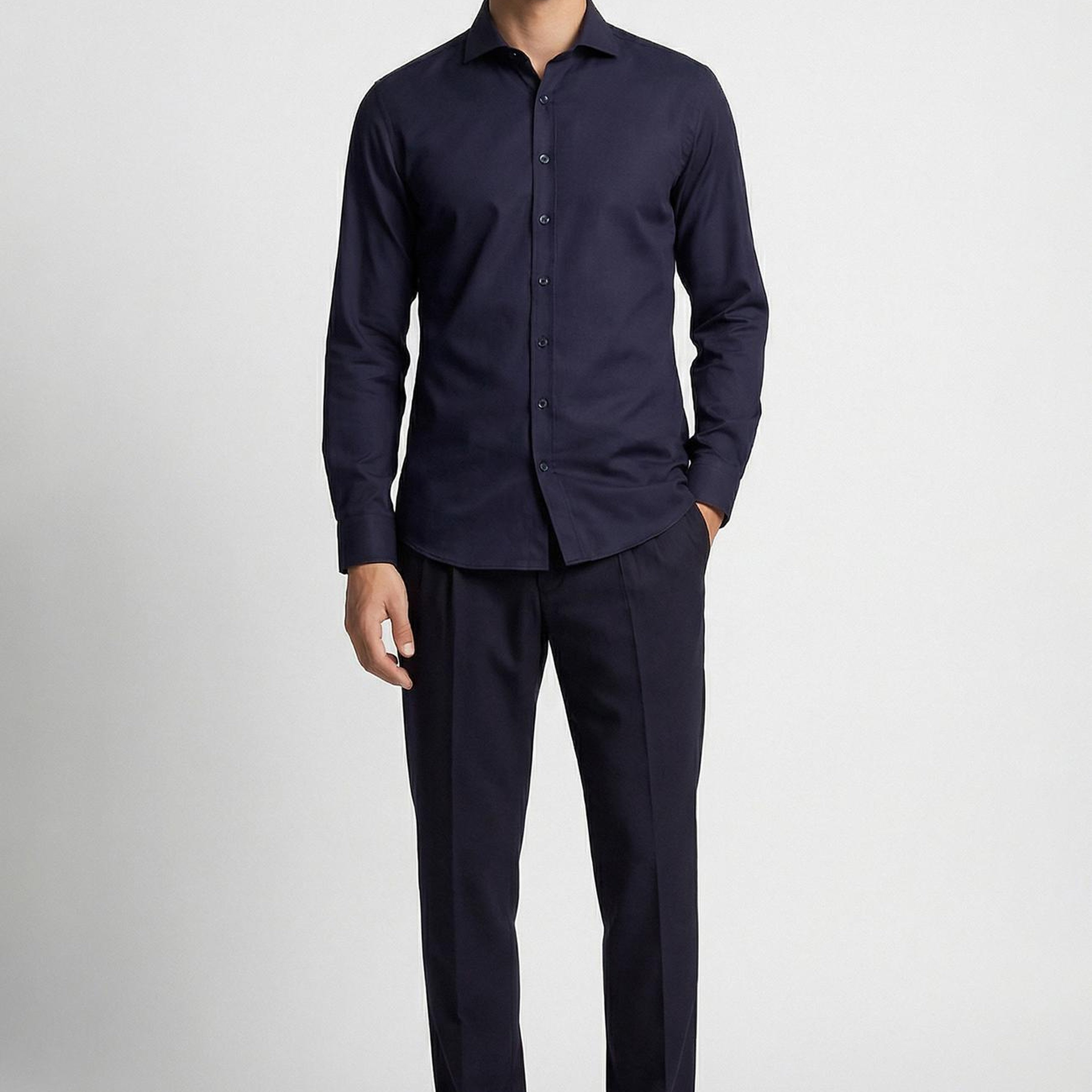 Network Erkek Slim Fit Lacivert Düz Pamuk Saten Gömlek