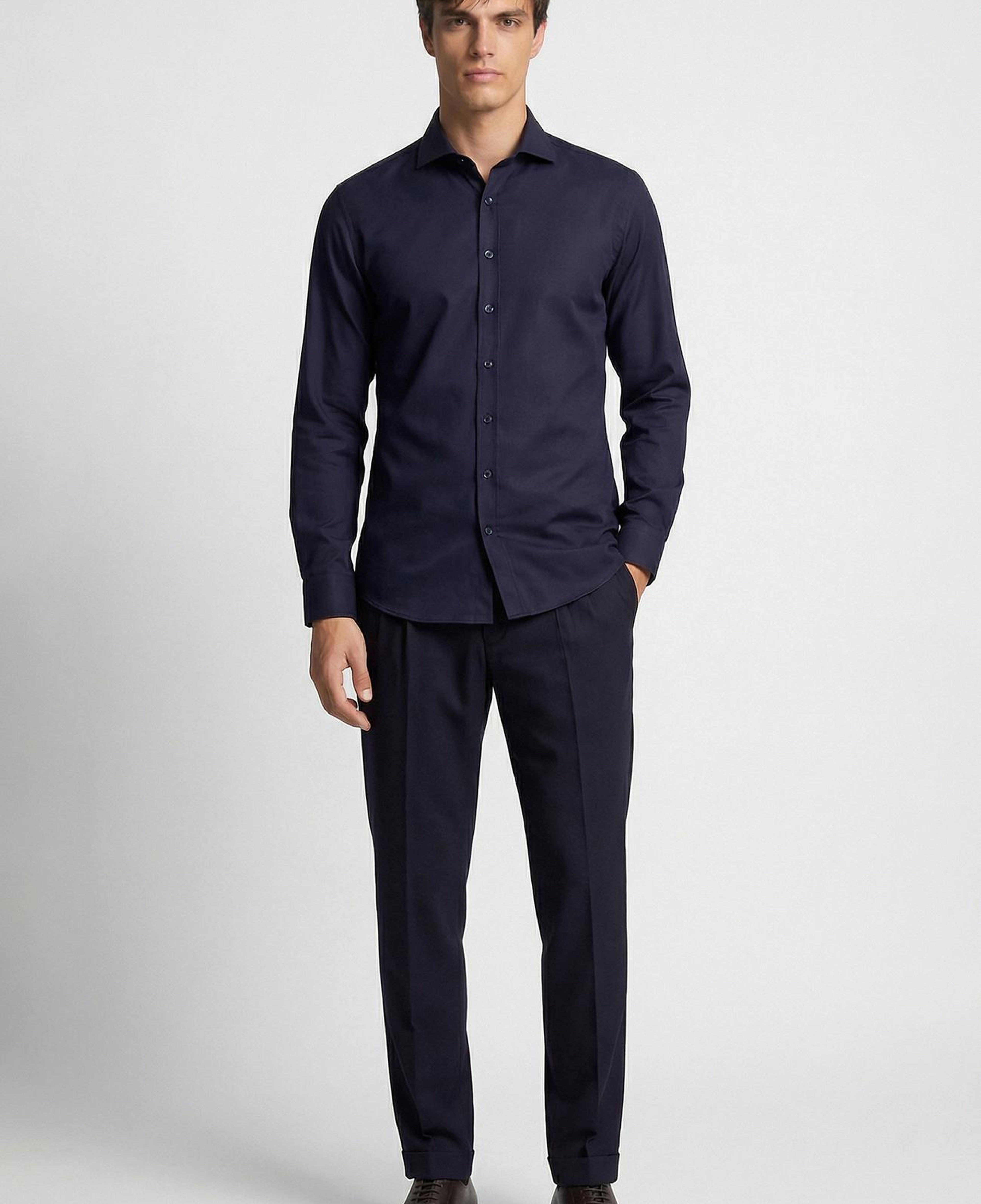 Network Erkek Slim Fit Lacivert Düz Pamuk Saten Gömlek