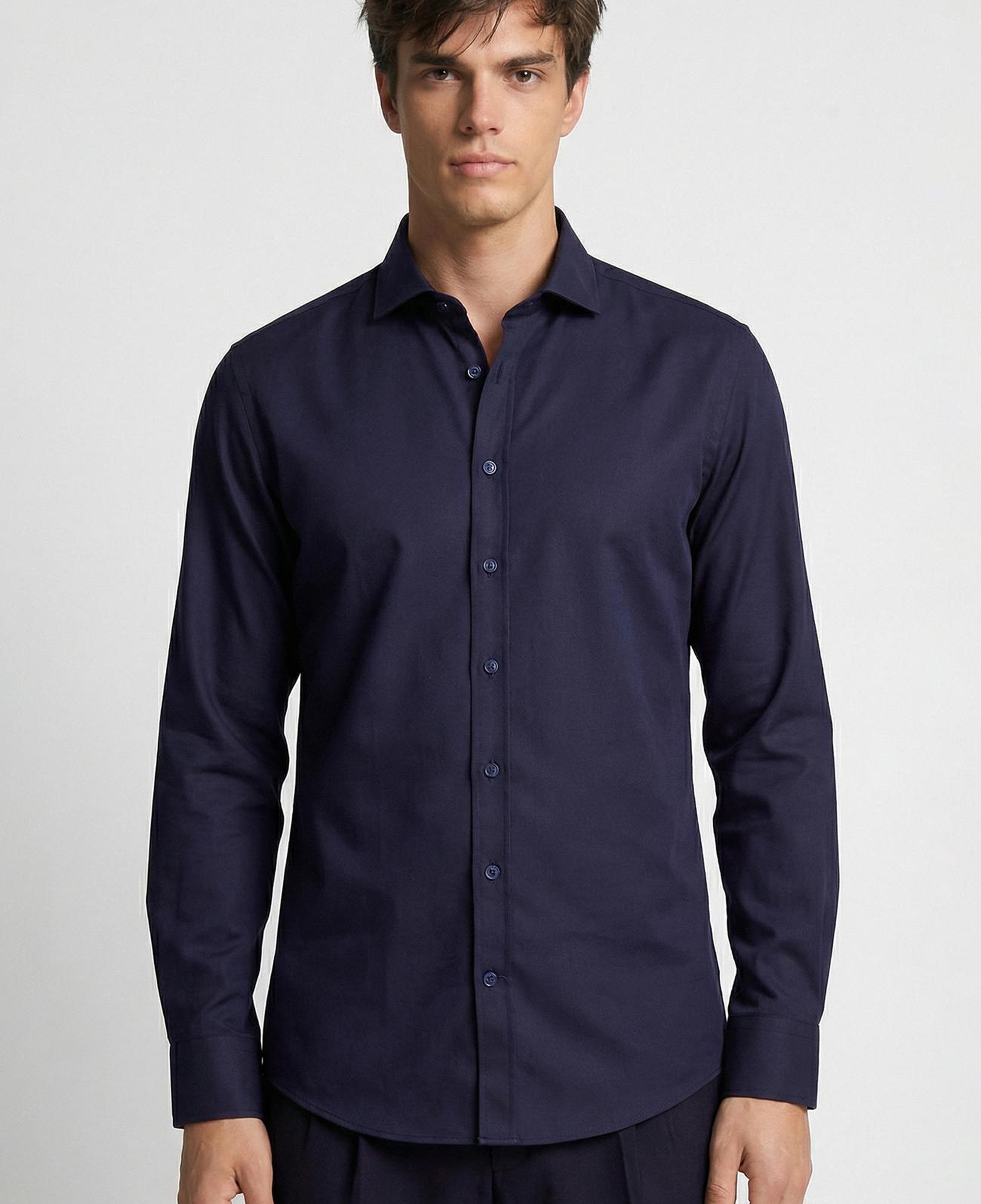 Network Erkek Slim Fit Lacivert Düz Pamuk Saten Gömlek