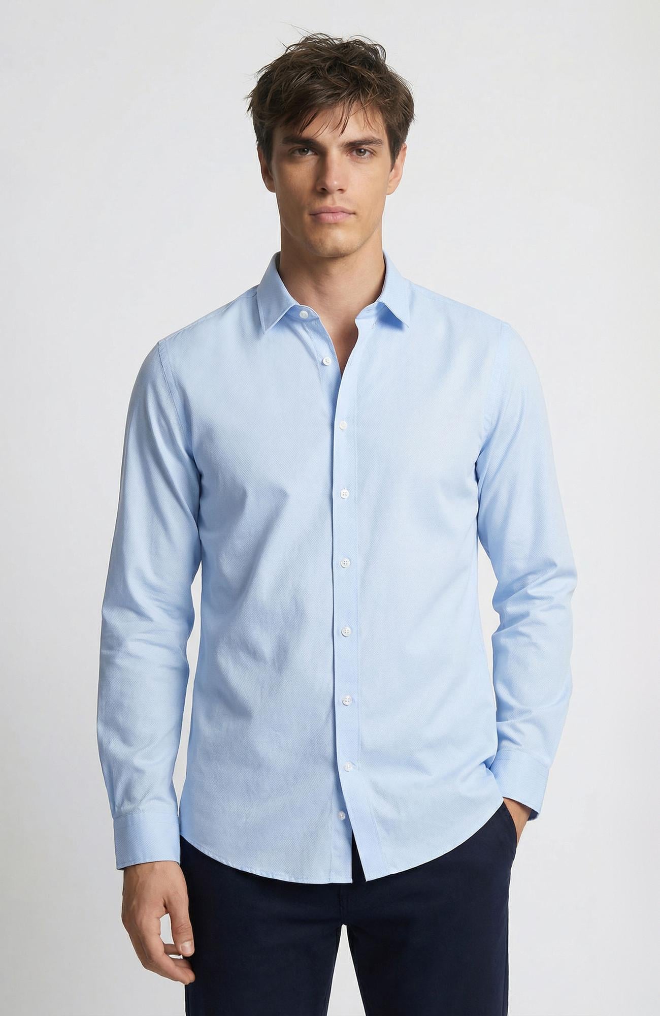 Network Erkek Slim Fit Mavi Lycralı Cotton Petek Desen Gömlek