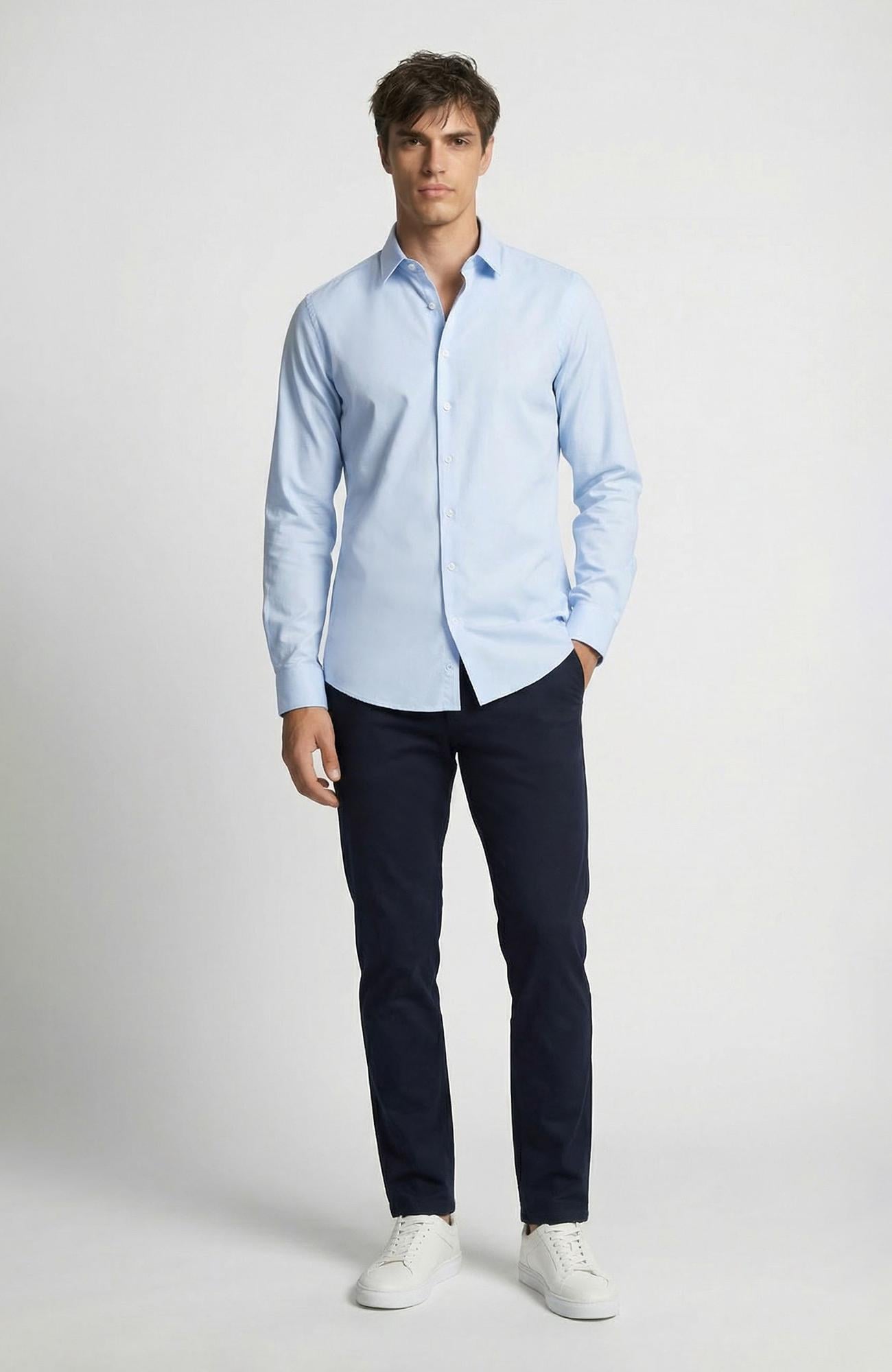 Network Erkek Slim Fit Mavi Lycralı Cotton Petek Desen Gömlek
