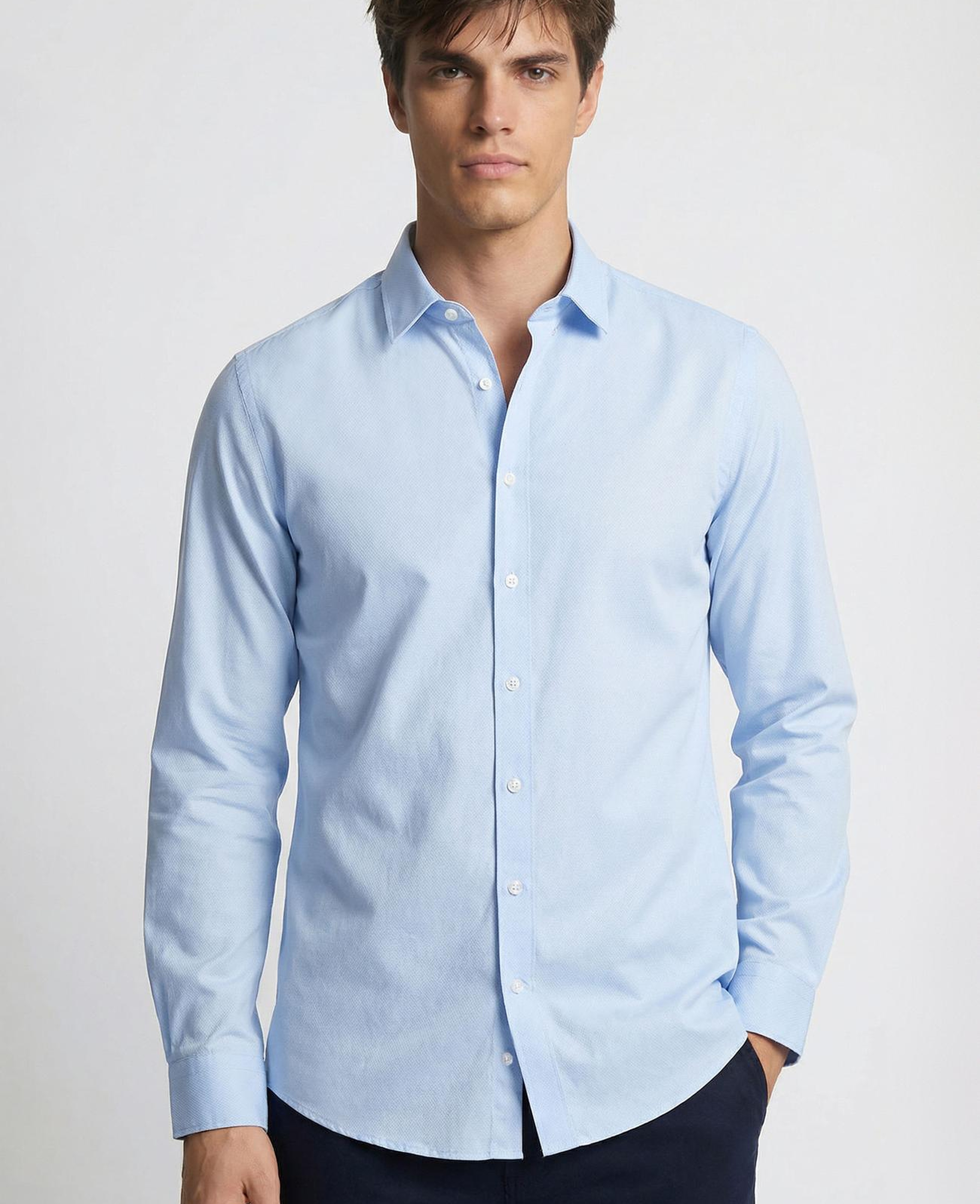 Network Erkek Slim Fit Mavi Lycralı Cotton Petek Desen Gömlek