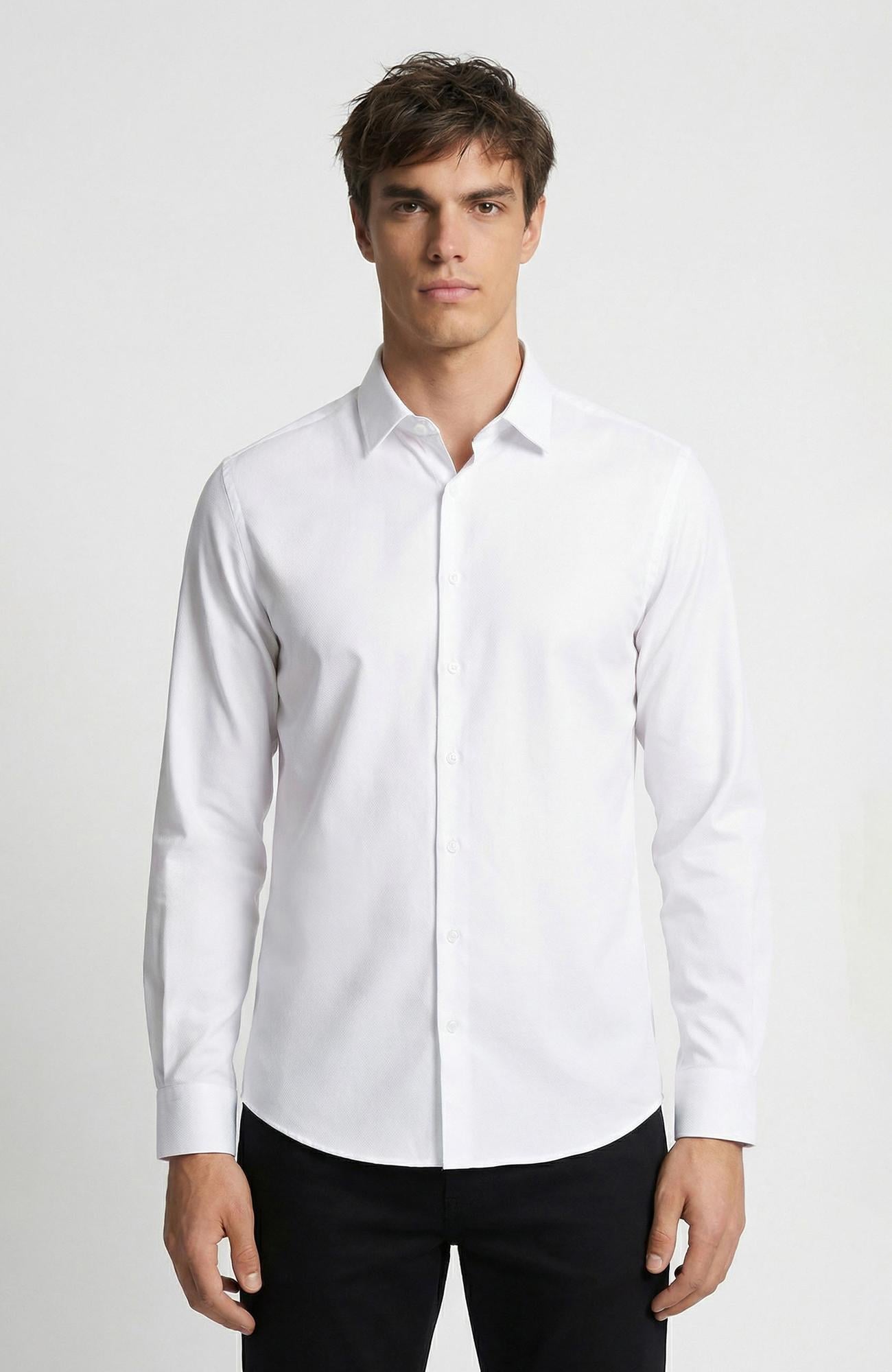 Network Erkek Slim Fit Beyaz Lycralı Cotton Petek Desen Gömlek