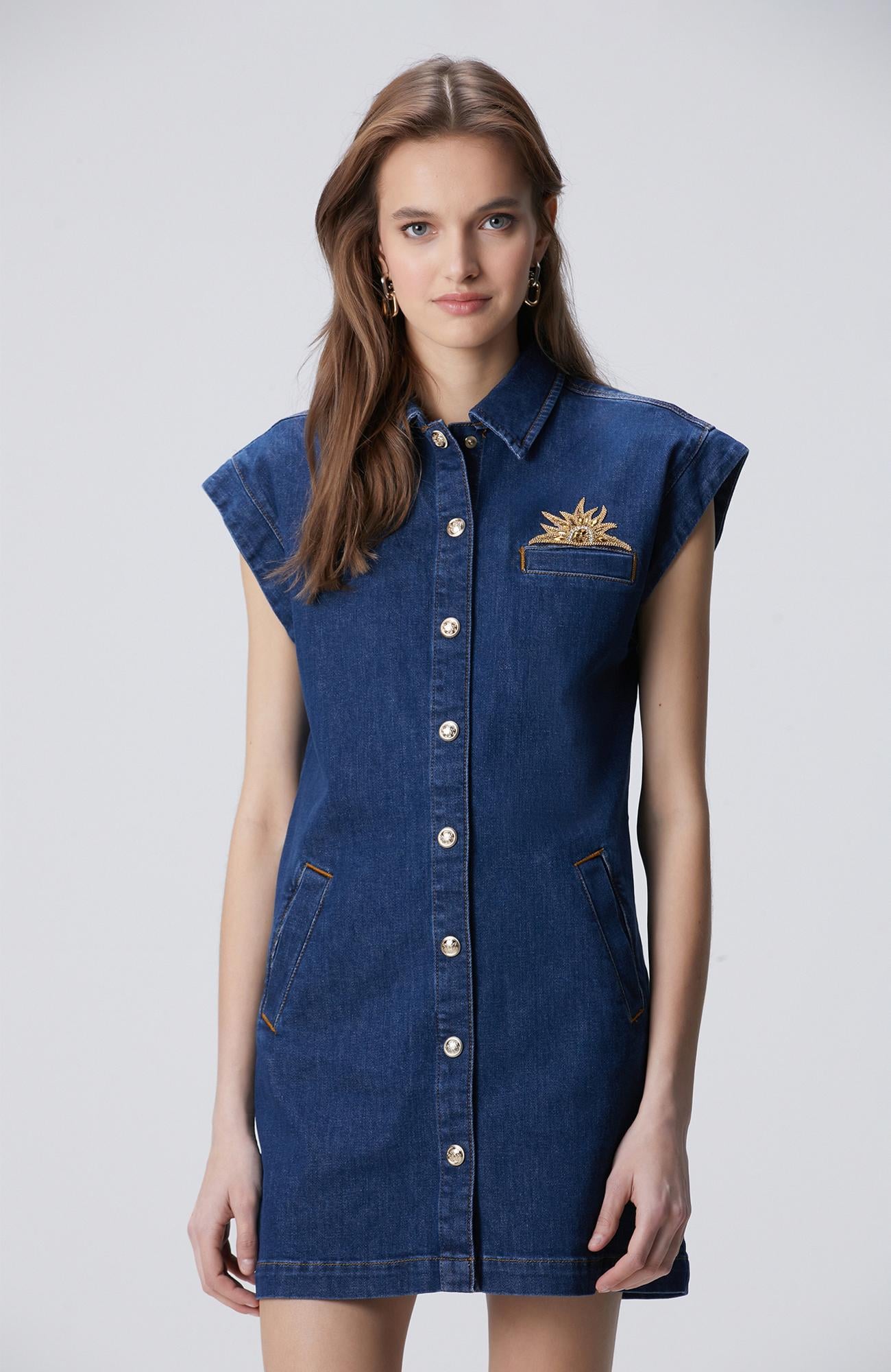 Network Kadın Koyu Indigo Mavi Patch Detaylı Mini Denim Elbise