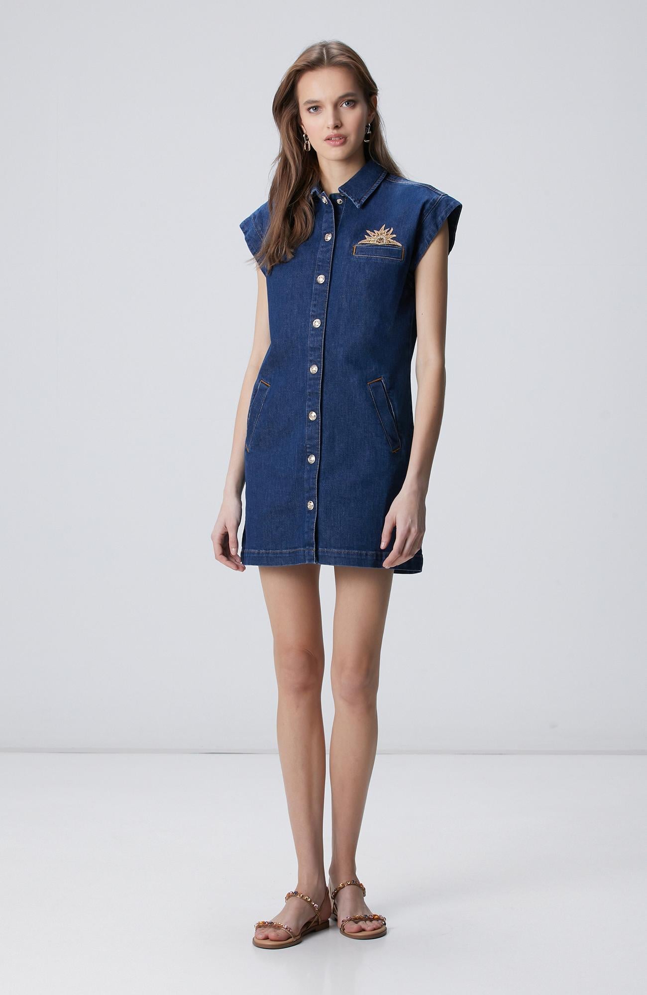 Network Kadın Koyu Indigo Mavi Patch Detaylı Mini Denim Elbise