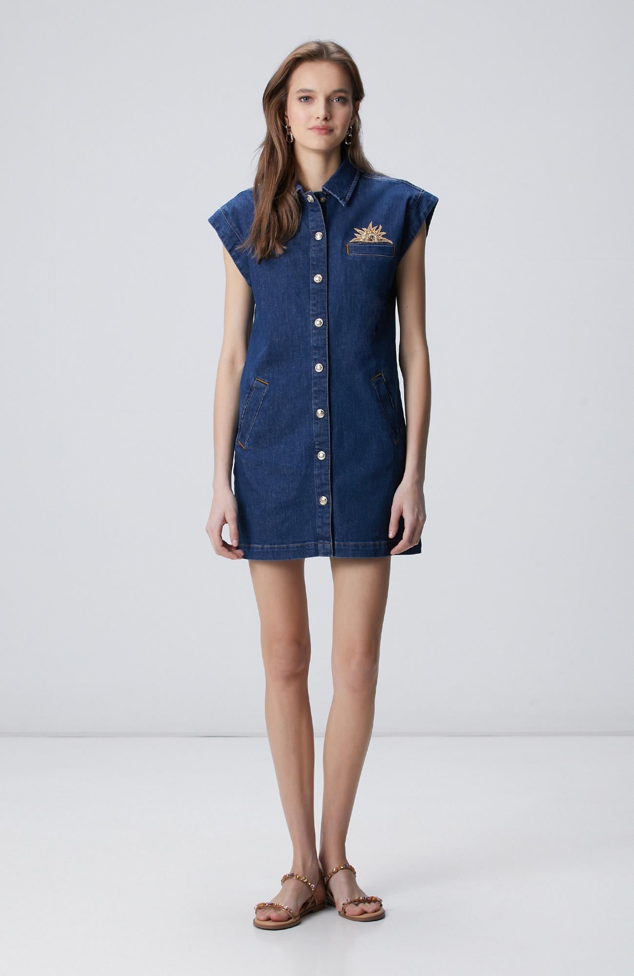 Network Kadın Koyu Indigo Mavi Patch Detaylı Mini Denim Elbise