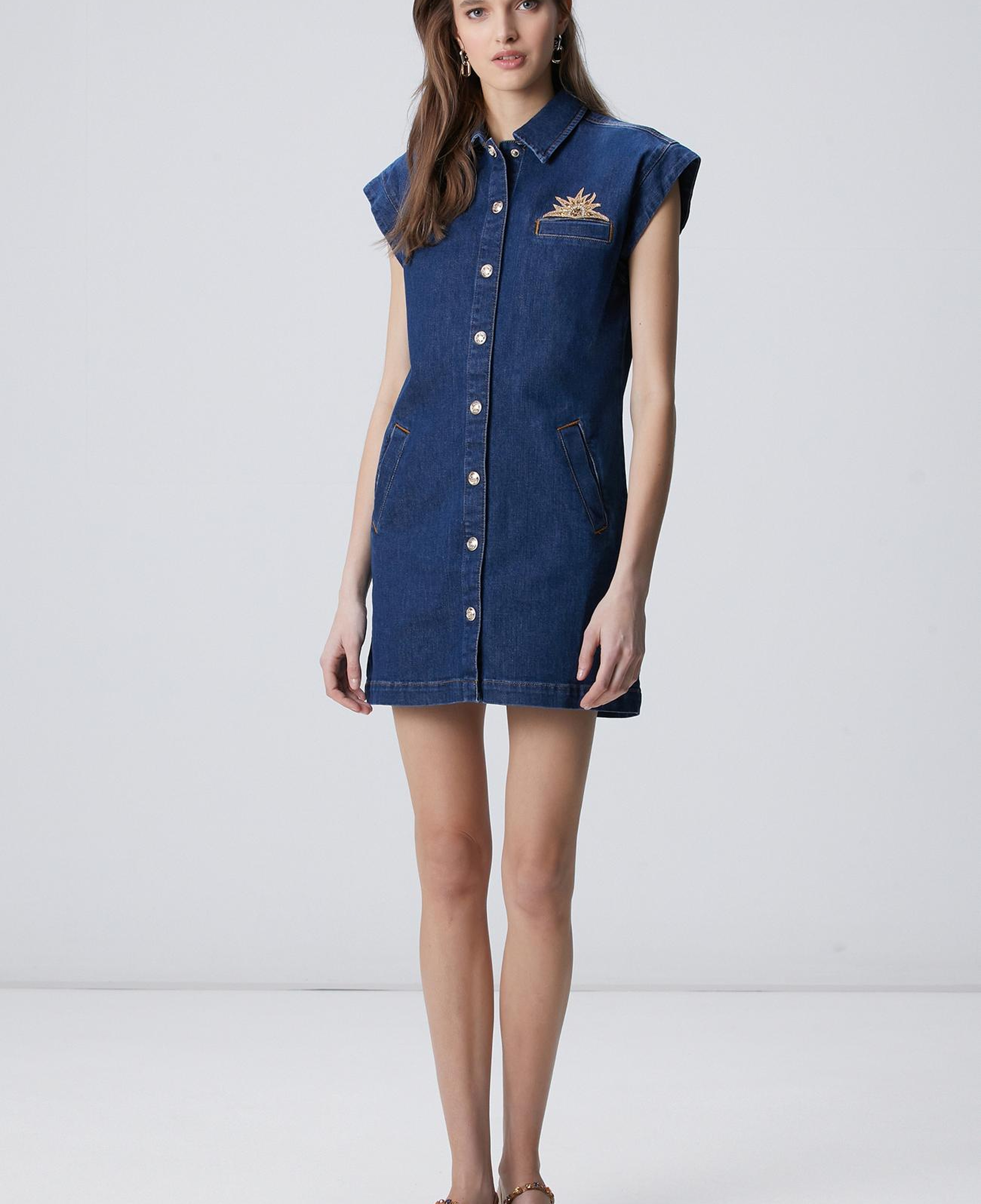 Network Kadın Koyu Indigo Mavi Patch Detaylı Mini Denim Elbise