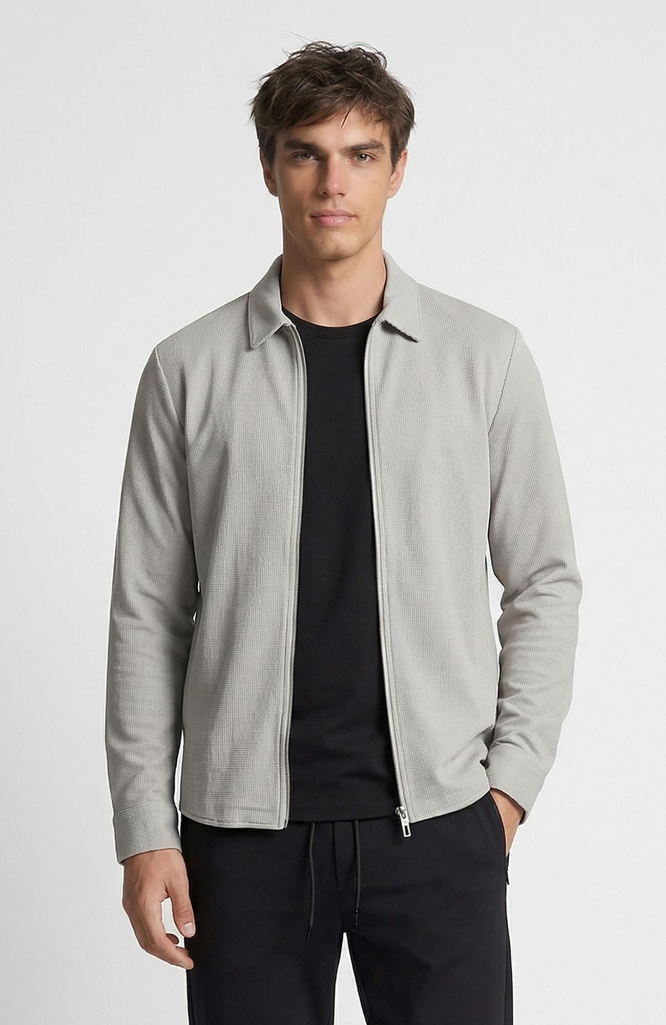 Network Erkek Gri Slim Fit Çizgili Göğüs Cep Detaylı Dış Gömlek