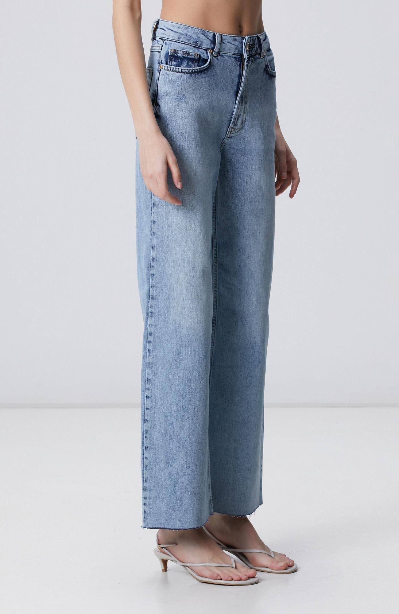 Network Kadın Açık Mavi Wide Leg Kesik Paça Denim Pantolon