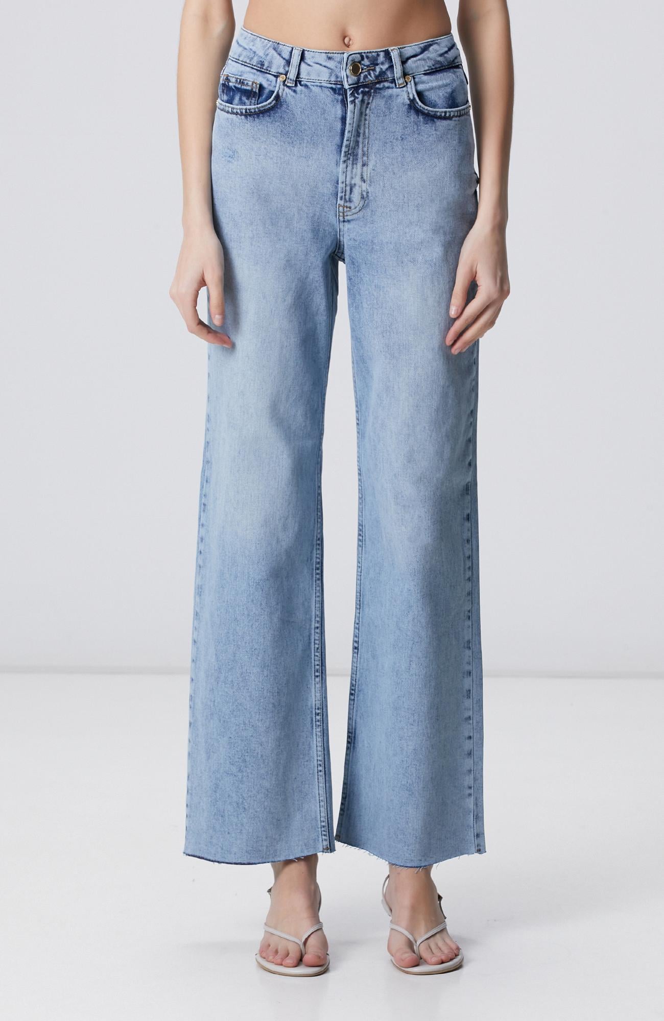 Network Kadın Açık Mavi Wide Leg Kesik Paça Denim Pantolon