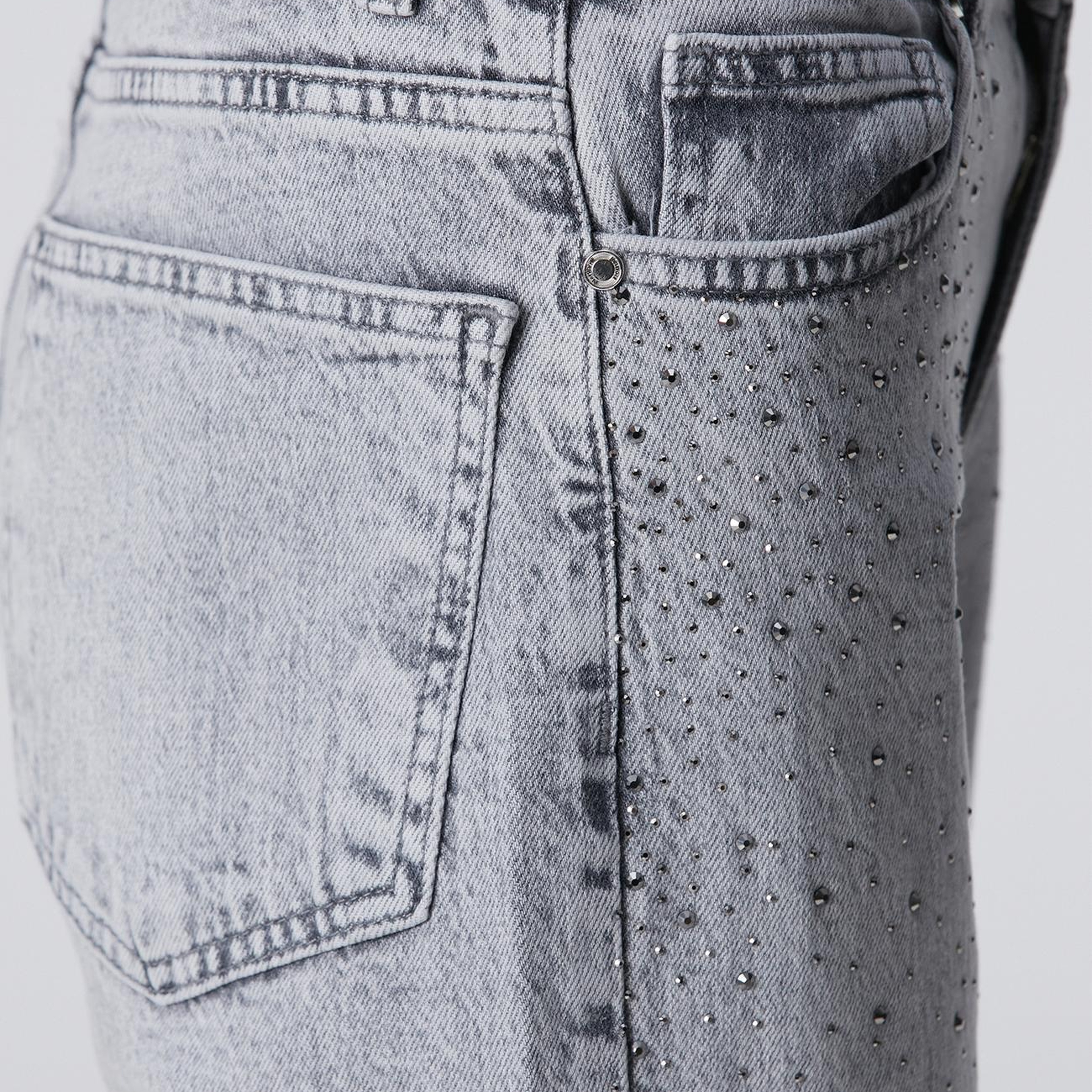 Network Kadın Açık Gri Kesik Paça Taş Baskılı Denim Pantolon