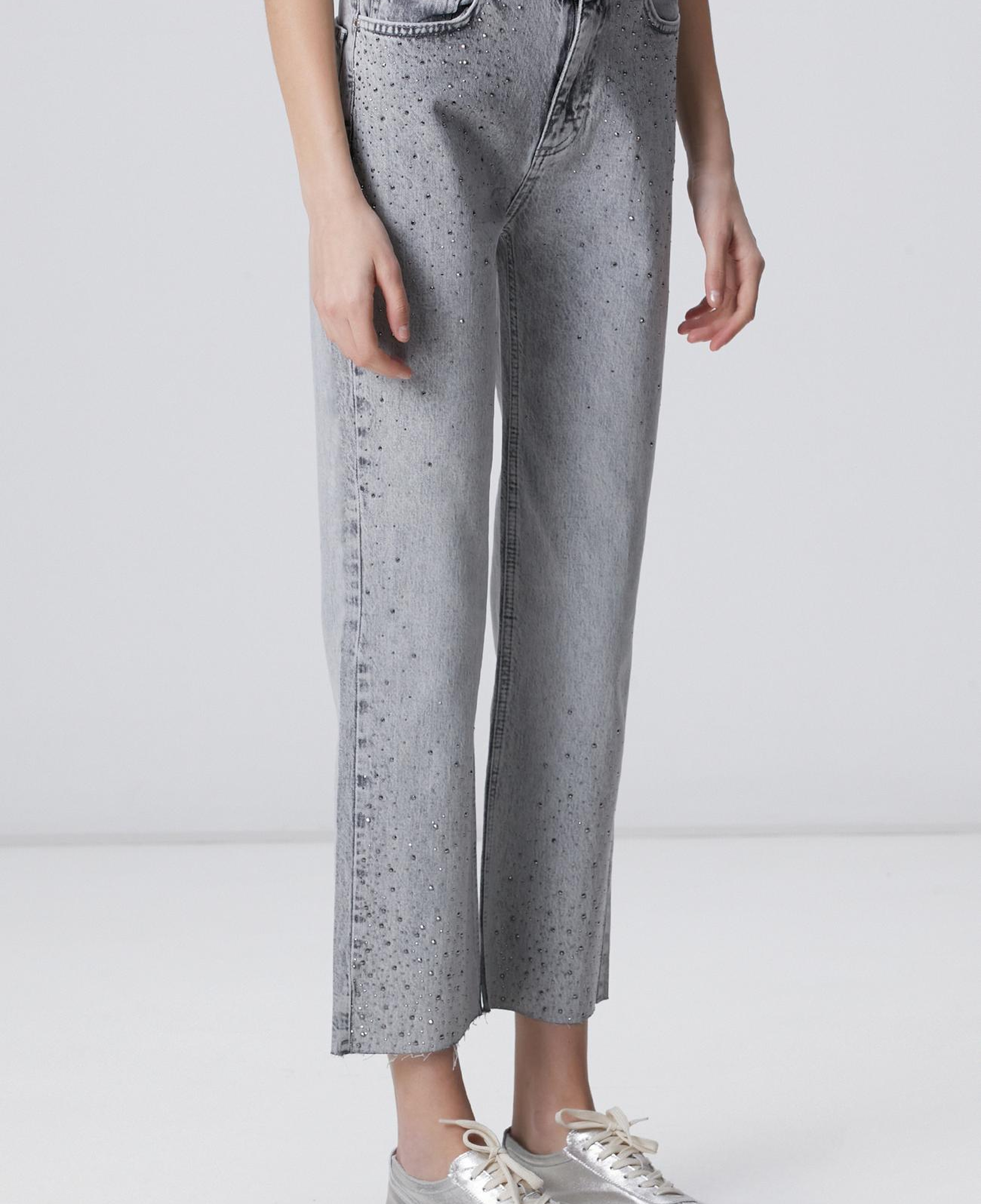 Network Kadın Açık Gri Kesik Paça Taş Baskılı Denim Pantolon