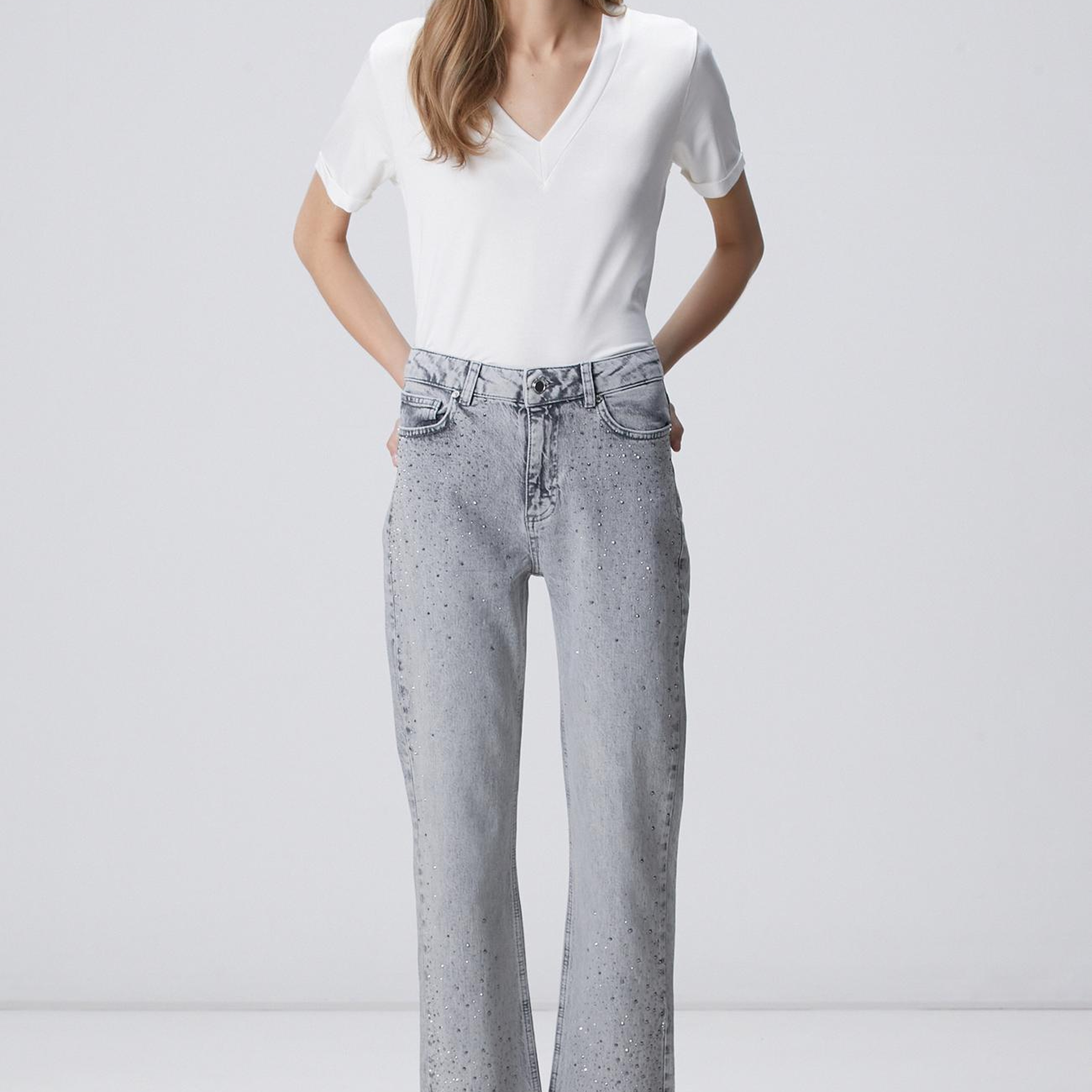 Network Kadın Açık Gri Kesik Paça Taş Baskılı Denim Pantolon