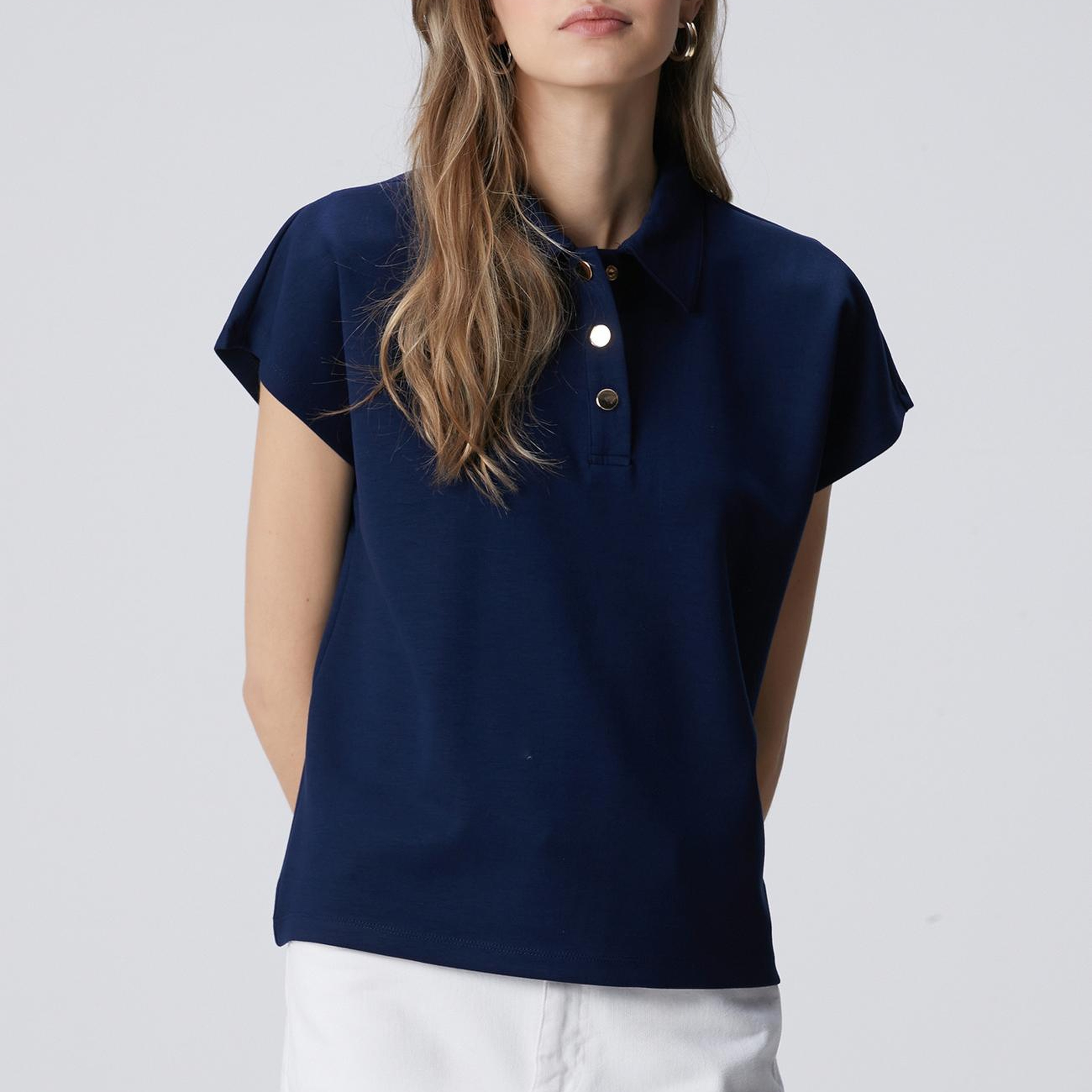Network Kadın Lacivert Polo Yaka Çıtçıt Detaylı Kısa Kol Sweatshirt