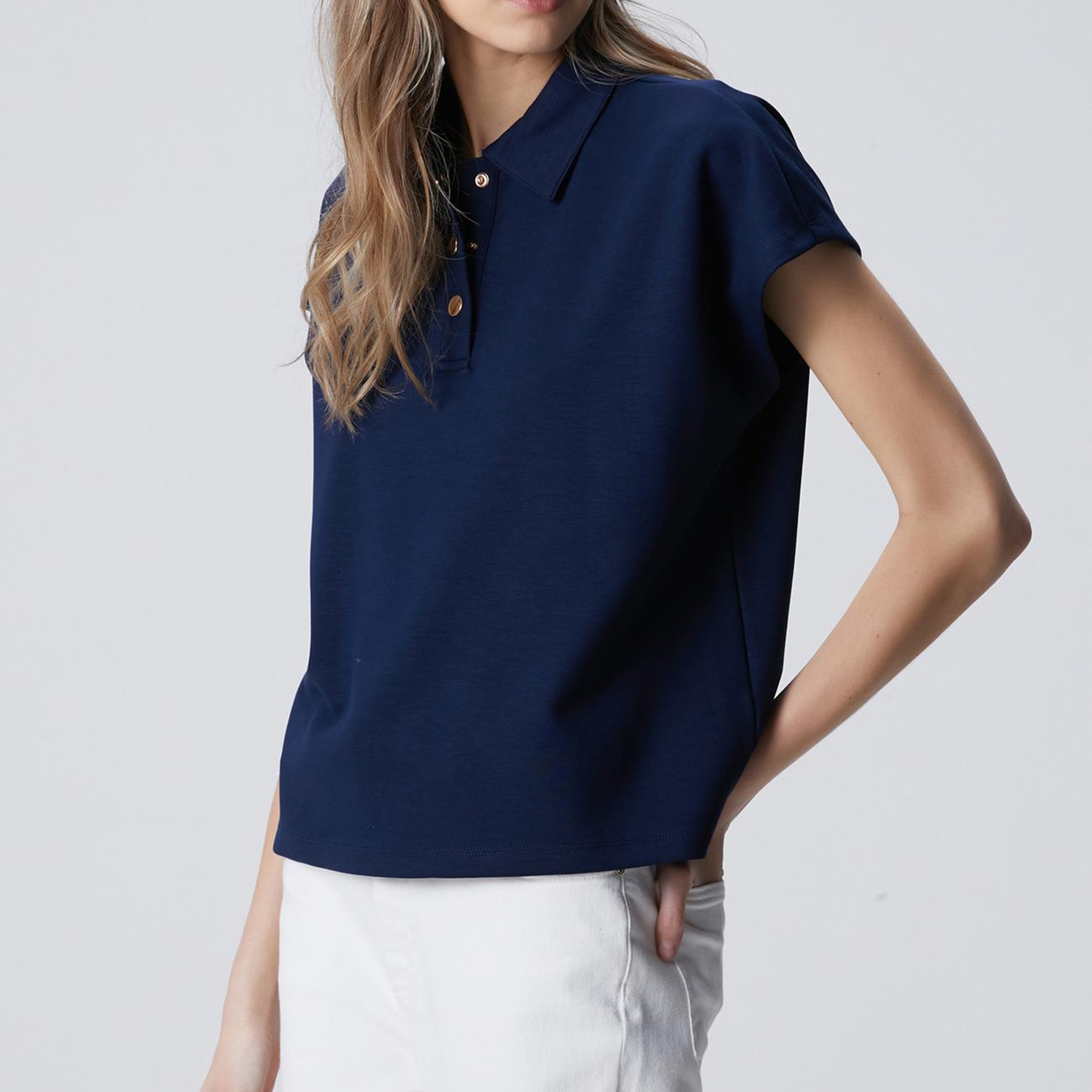 Network Kadın Lacivert Polo Yaka Çıtçıt Detaylı Kısa Kol Sweatshirt