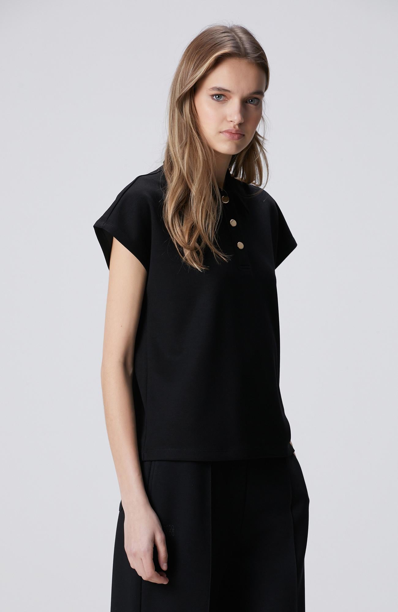 Network Kadın Siyah Polo Yaka Çıtçıt Detaylı Kısa Kol Sweatshirt