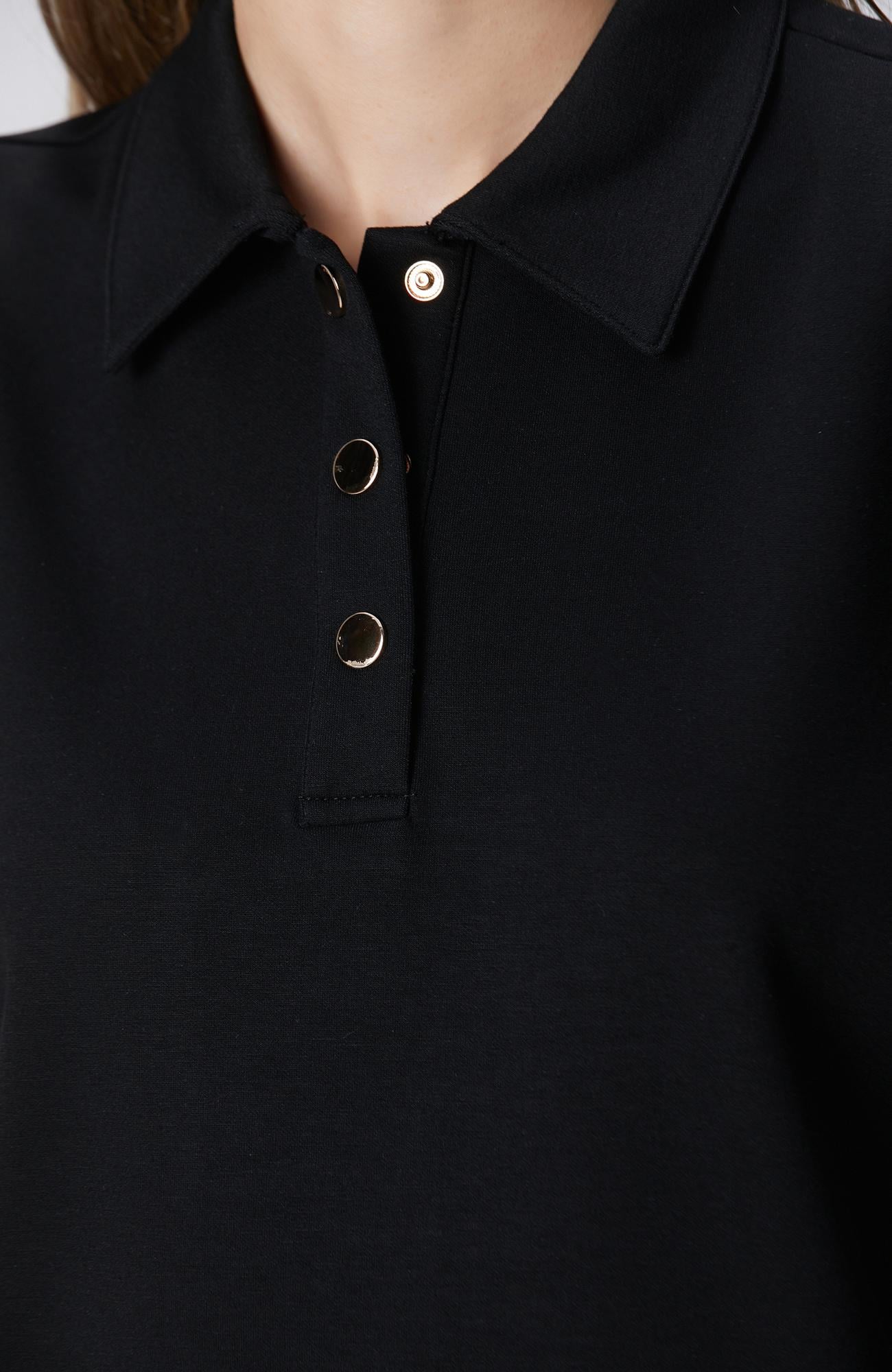 Network Kadın Siyah Polo Yaka Çıtçıt Detaylı Kısa Kol Sweatshirt