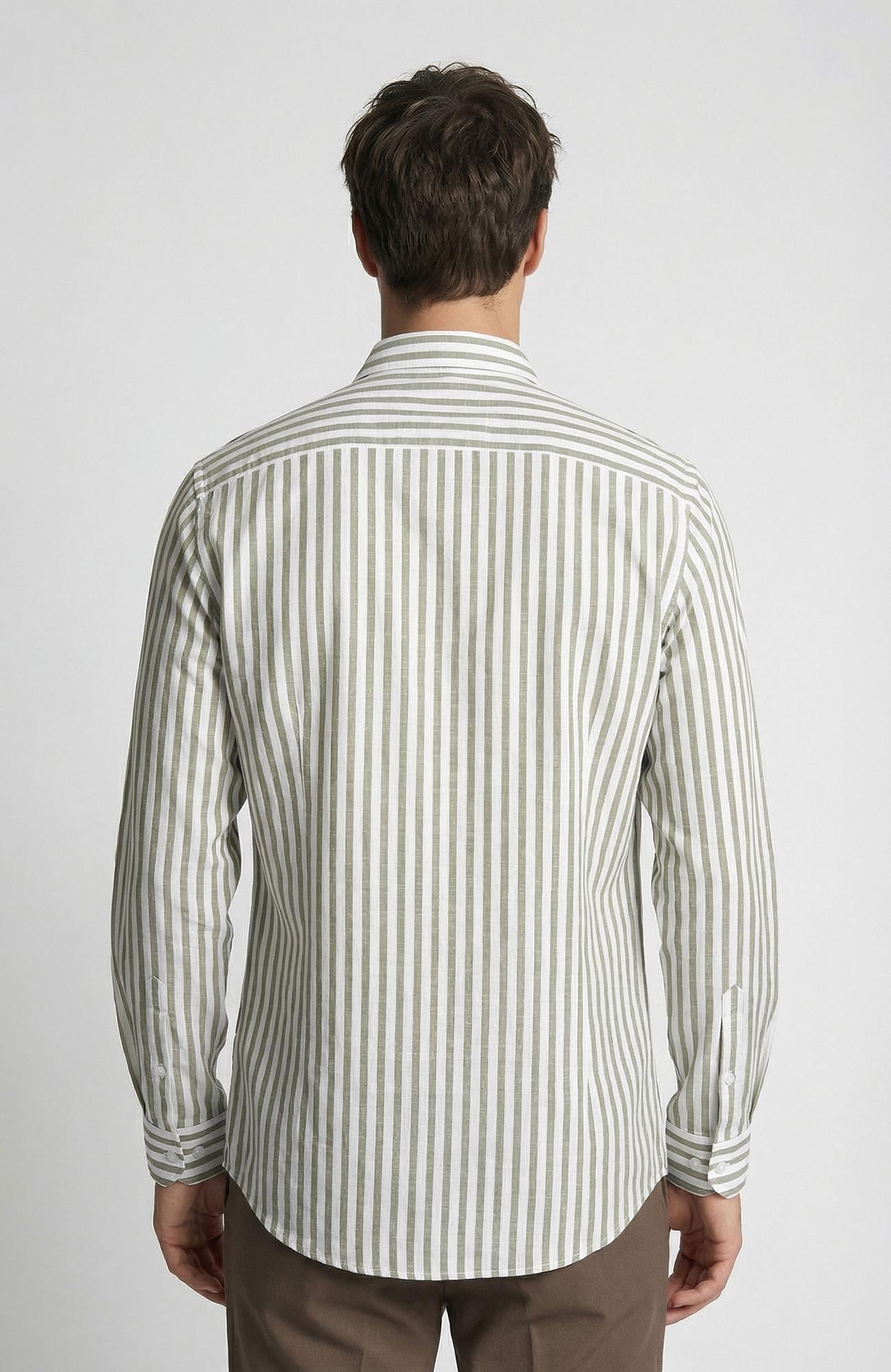 Network Erkek Slim Fit Haki Çizgi Desenli Keten Gömlek