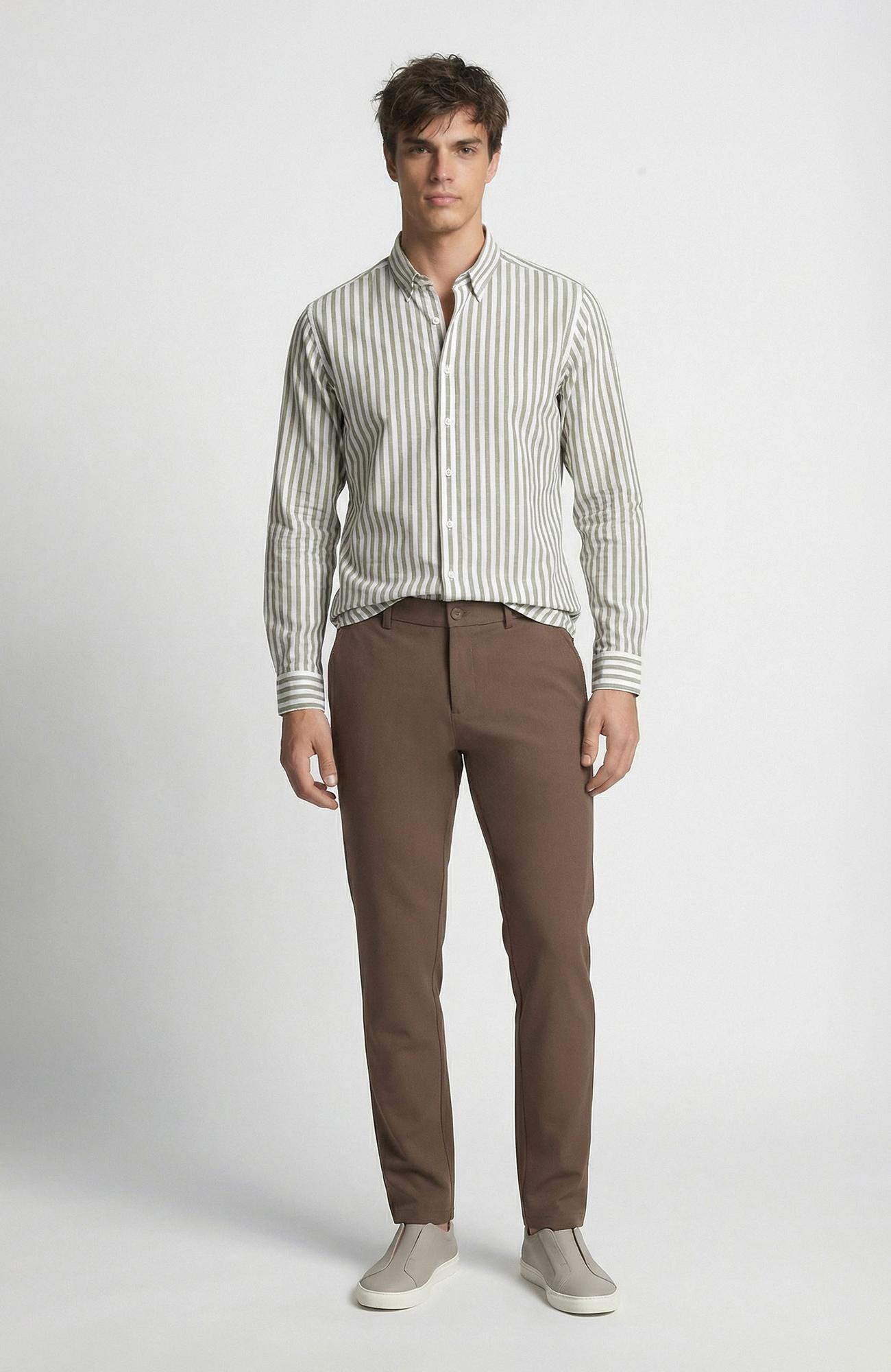 Network Erkek Slim Fit Haki Çizgi Desenli Keten Gömlek