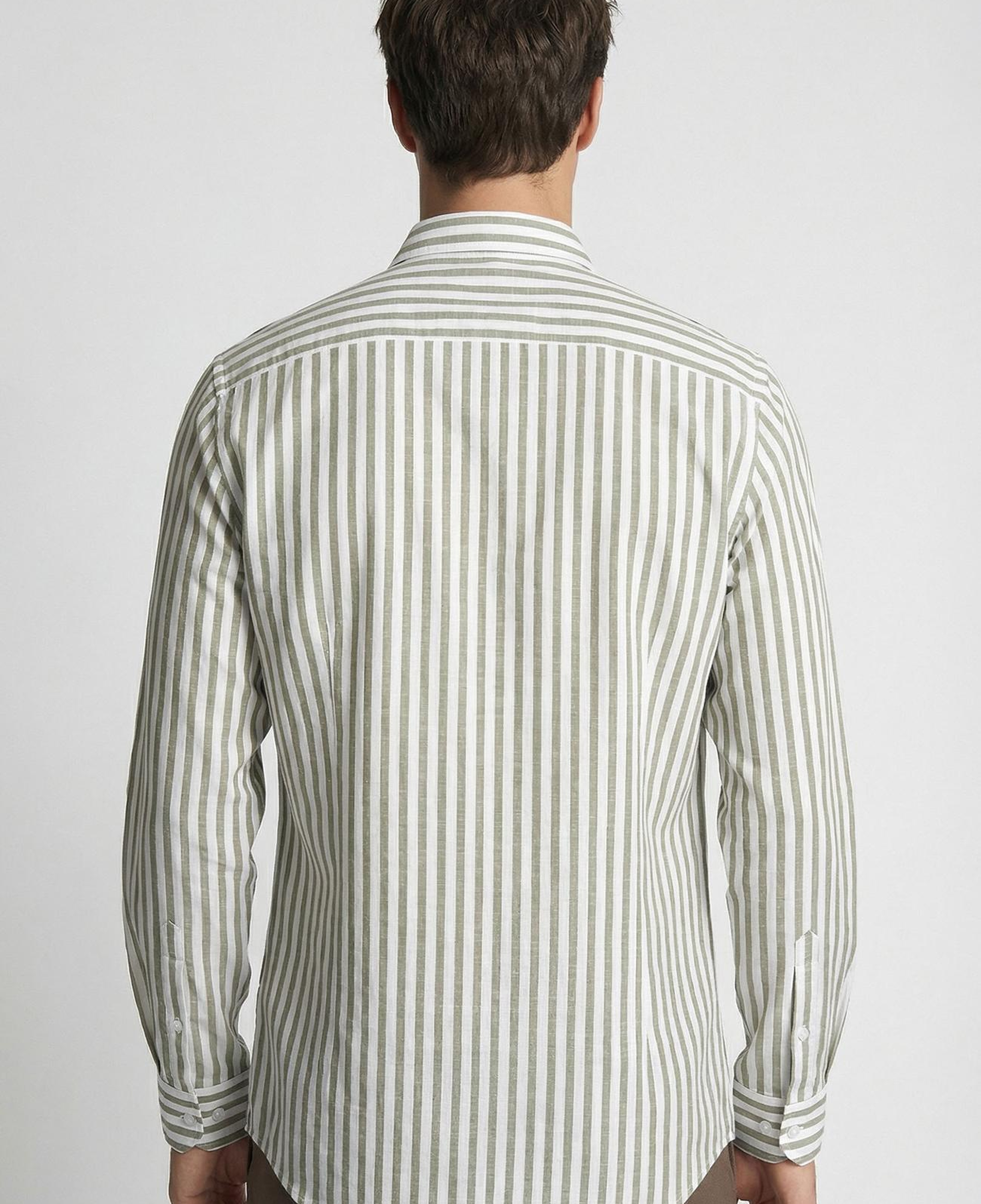 Network Erkek Slim Fit Haki Çizgi Desenli Keten Gömlek