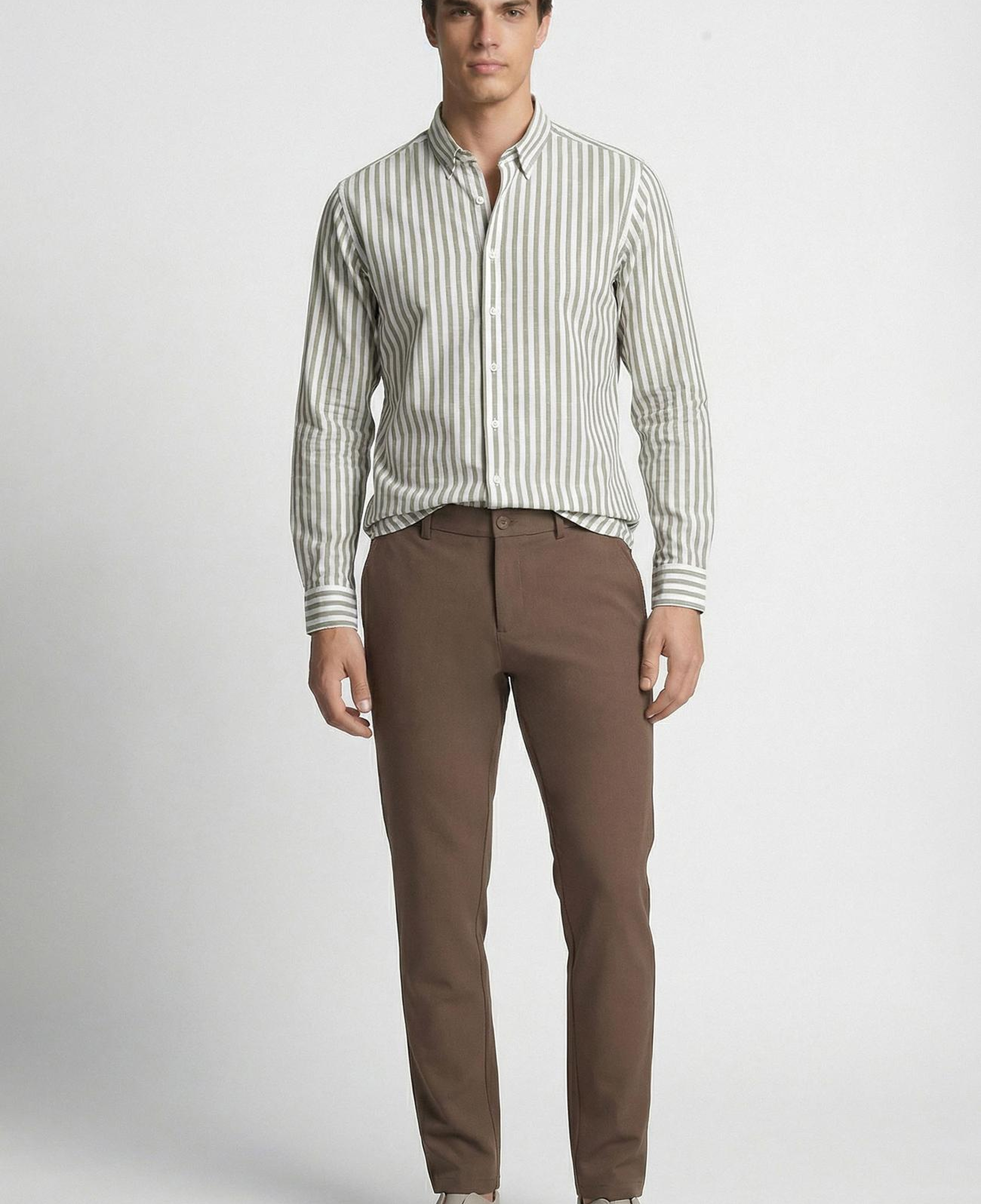 Network Erkek Slim Fit Haki Çizgi Desenli Keten Gömlek