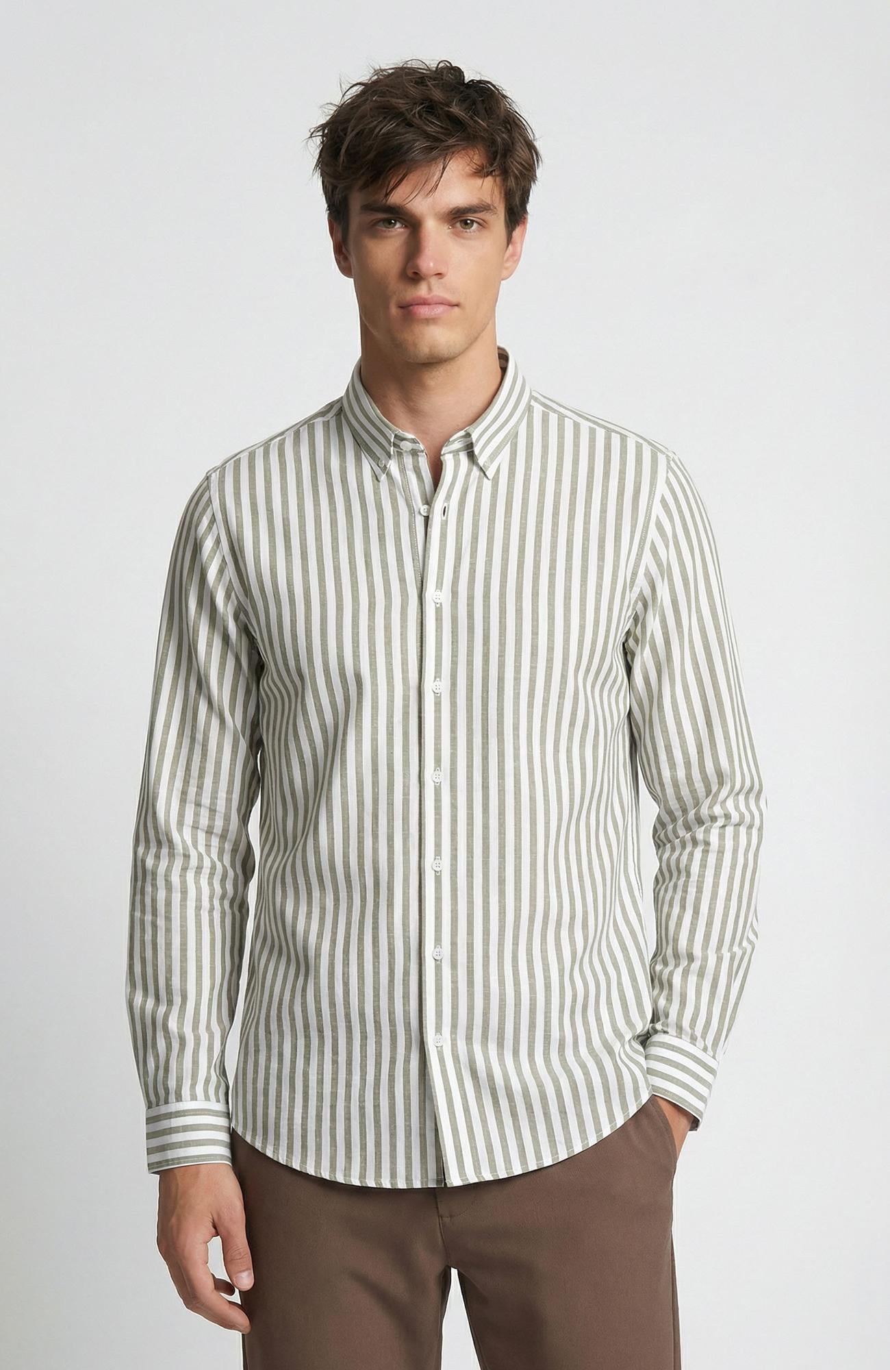 Network Erkek Slim Fit Haki Çizgi Desenli Keten Gömlek