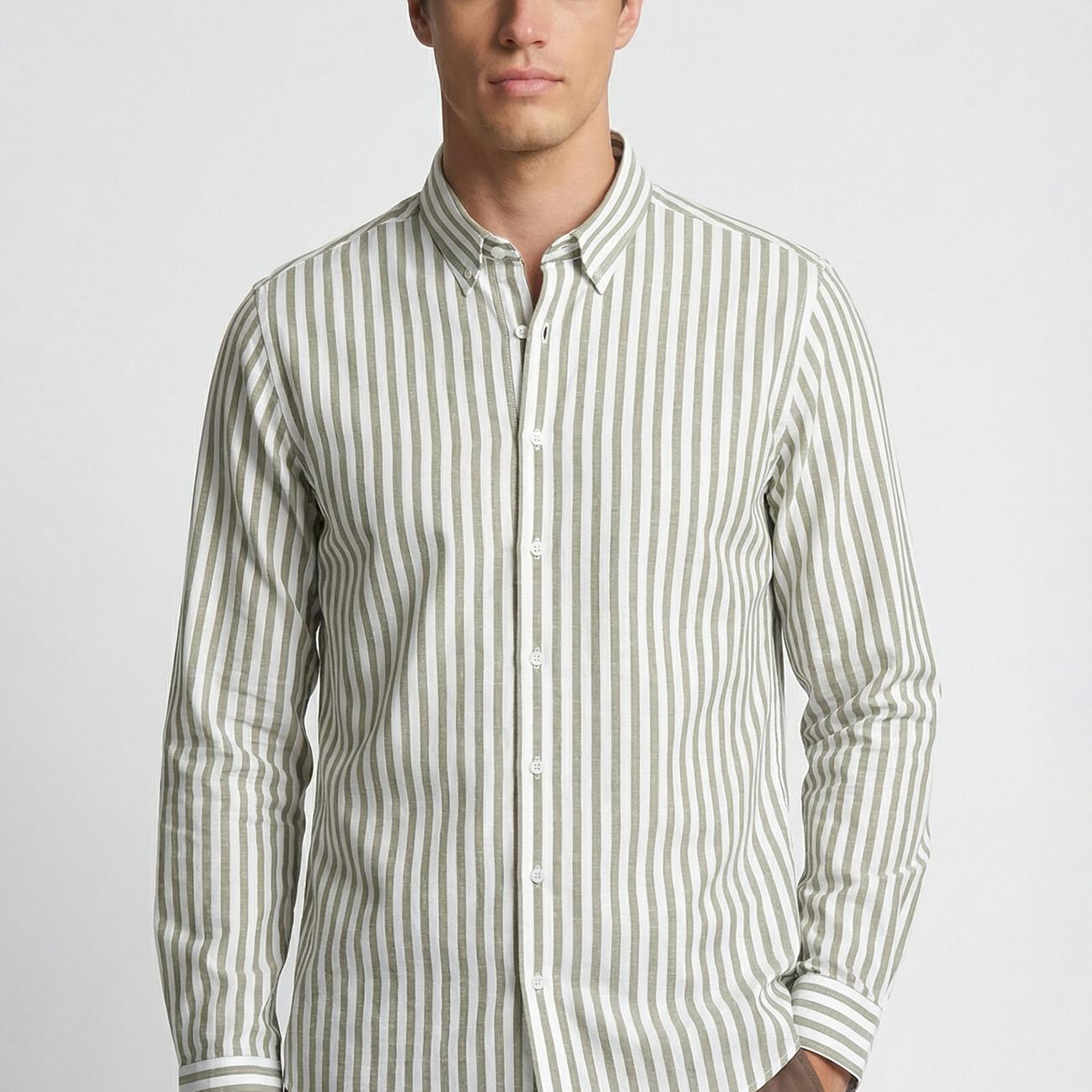 Network Erkek Slim Fit Haki Çizgi Desenli Keten Gömlek