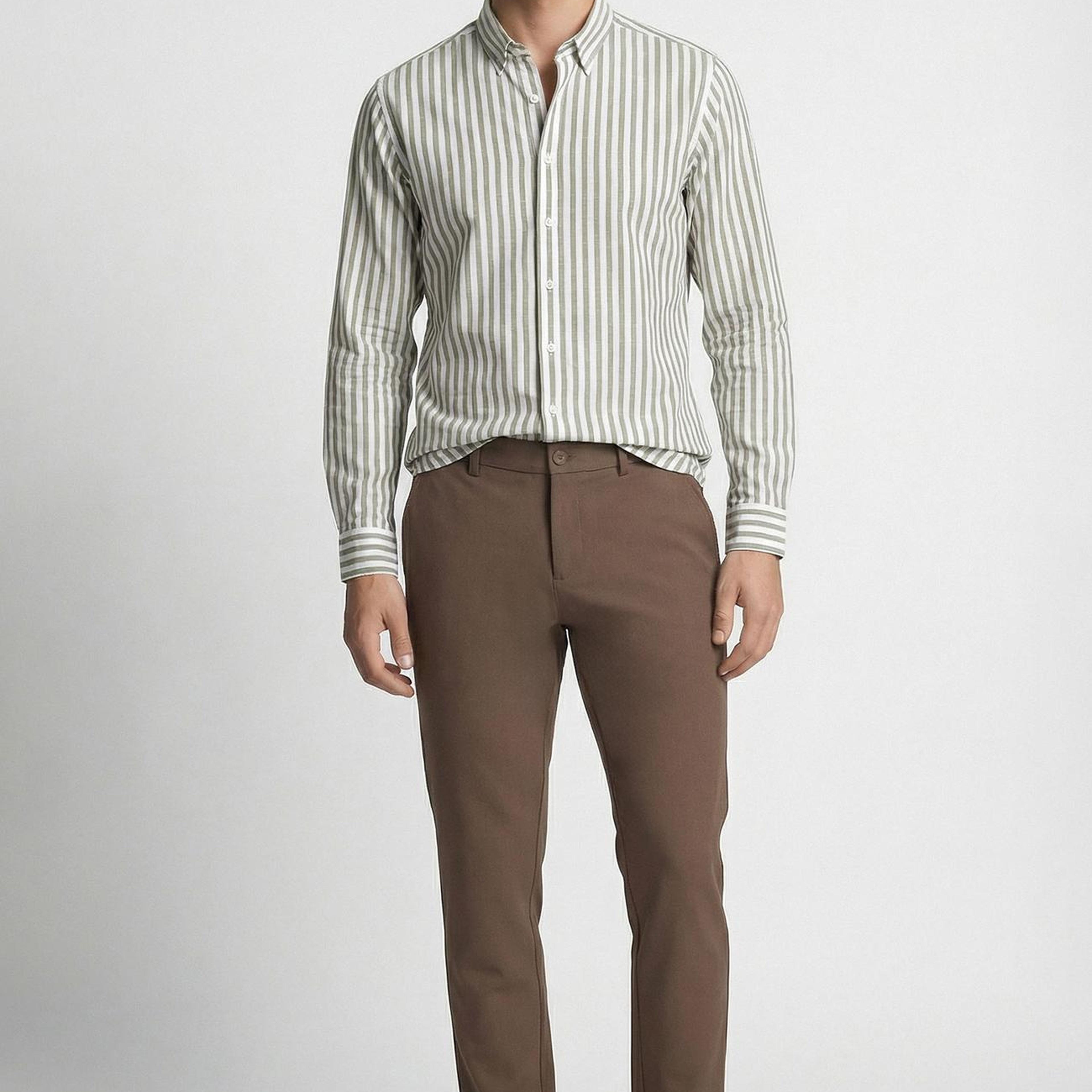 Network Erkek Slim Fit Haki Çizgi Desenli Keten Gömlek