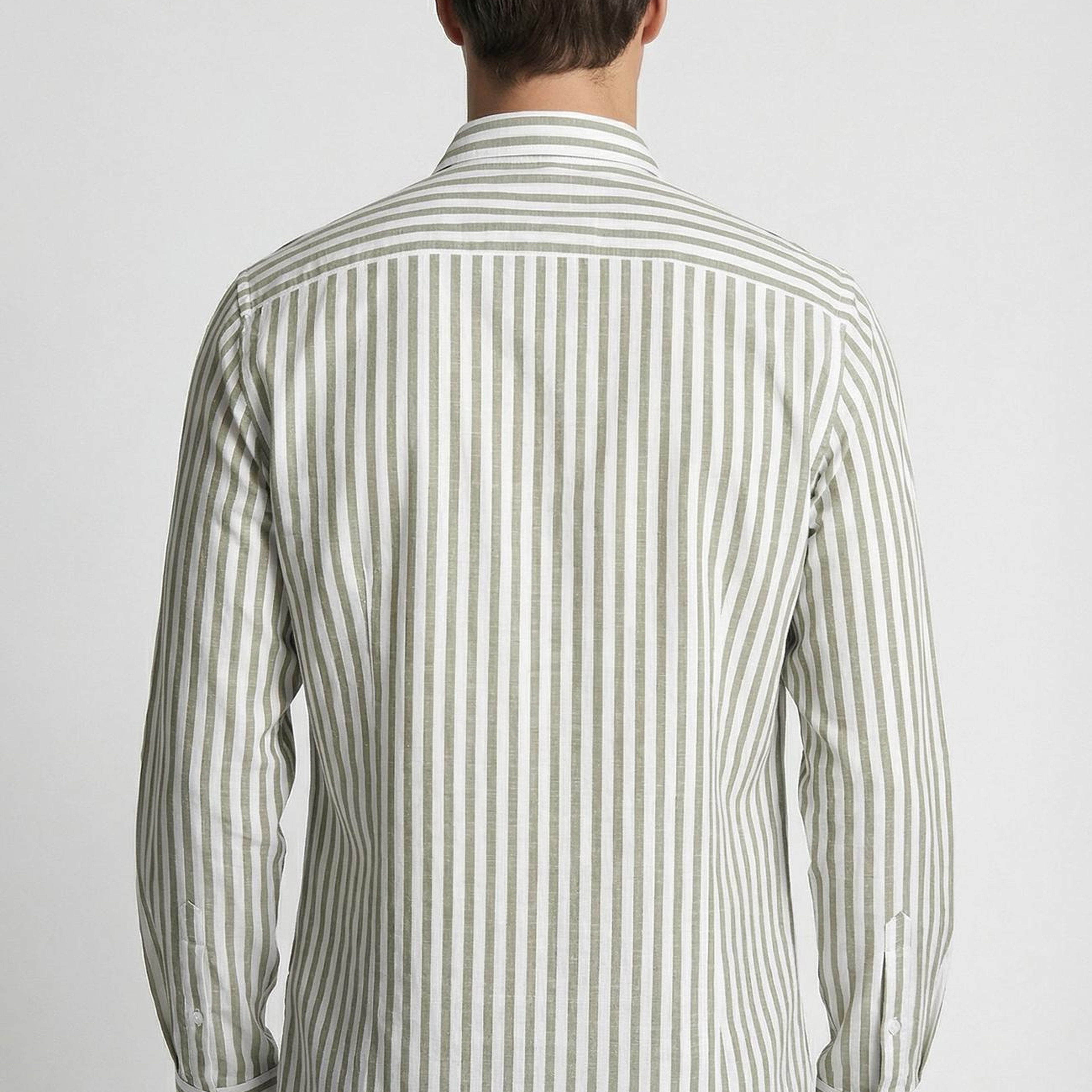 Network Erkek Slim Fit Haki Çizgi Desenli Keten Gömlek