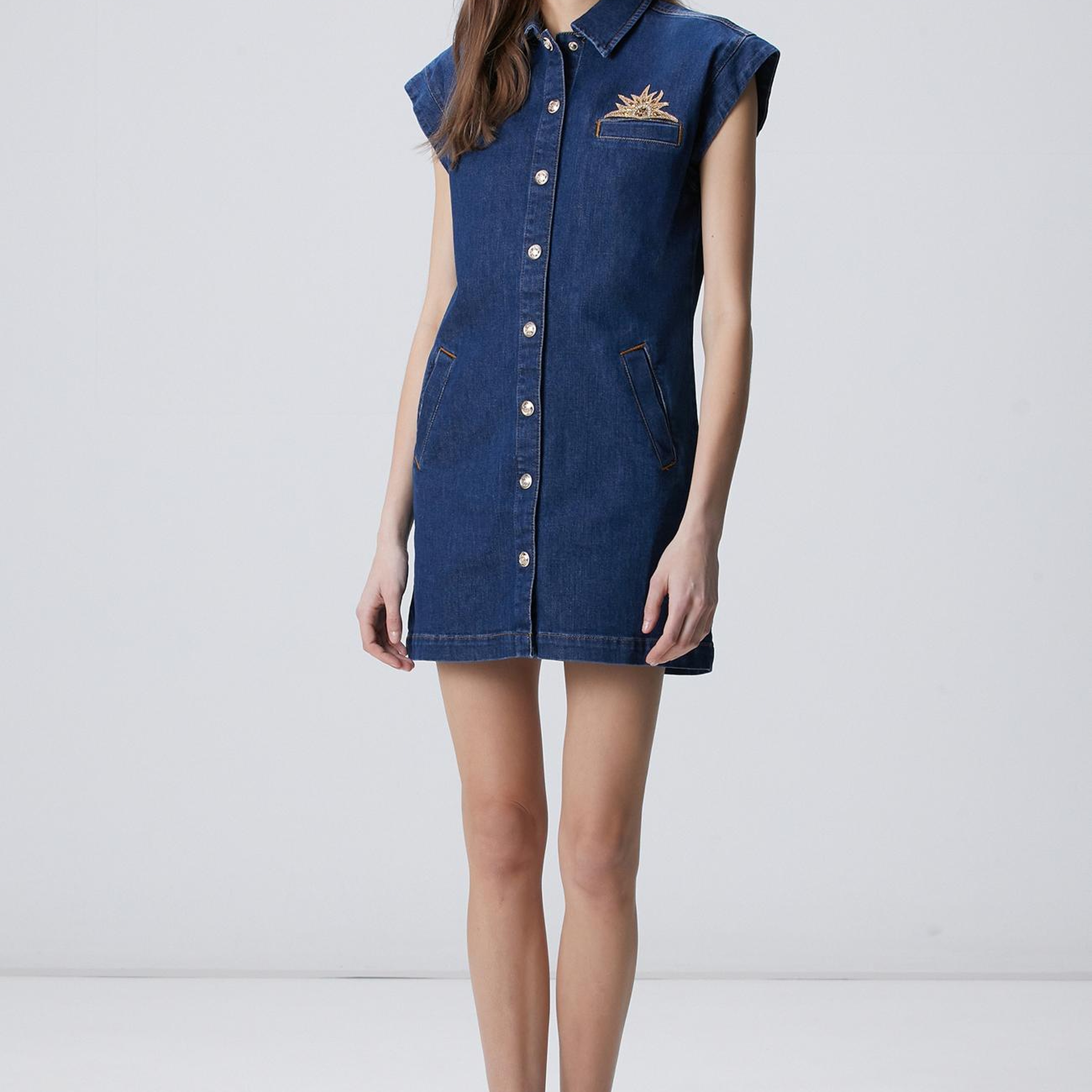 Network Kadın Koyu Indigo Mavi Patch Detaylı Mini Denim Elbise