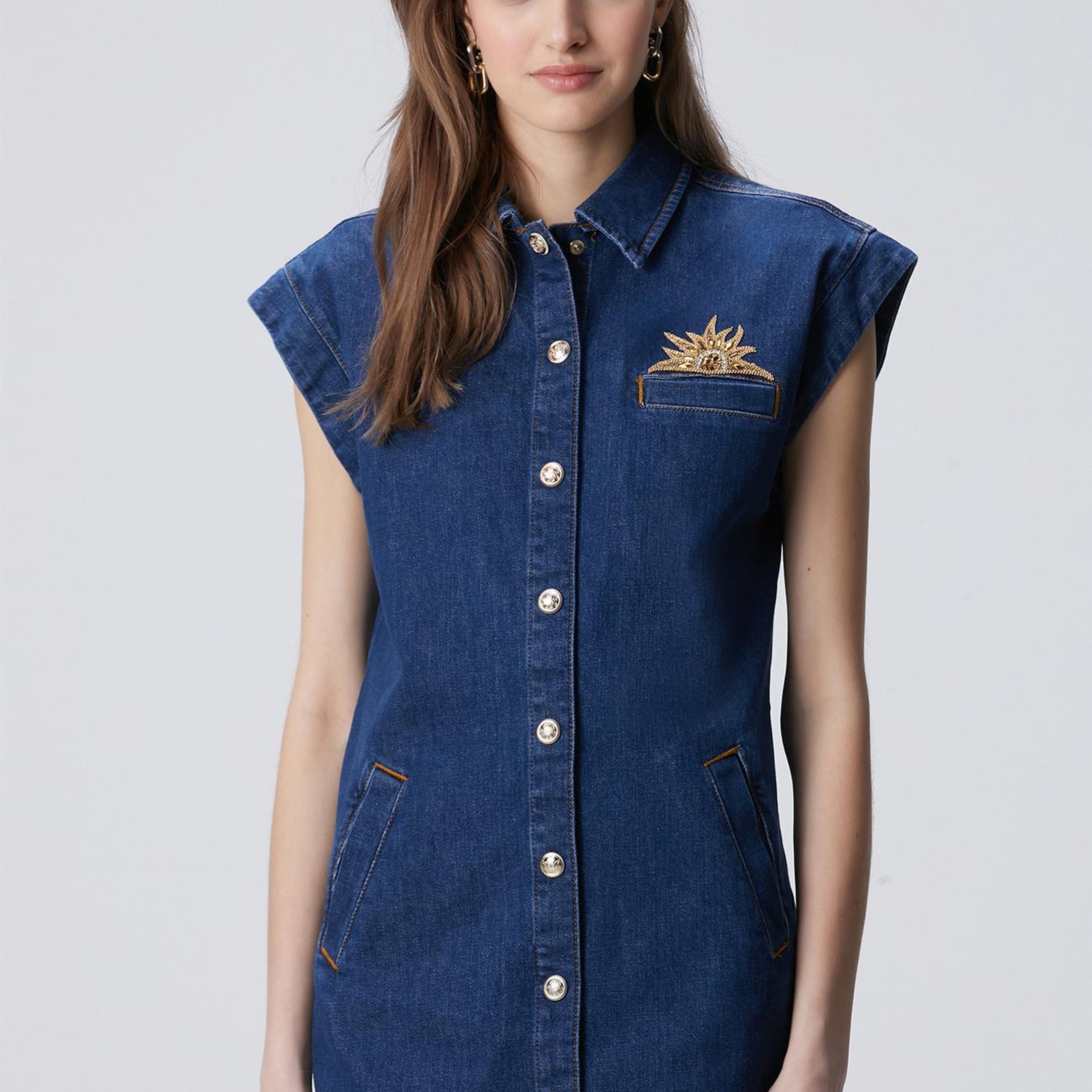 Network Kadın Koyu Indigo Mavi Patch Detaylı Mini Denim Elbise